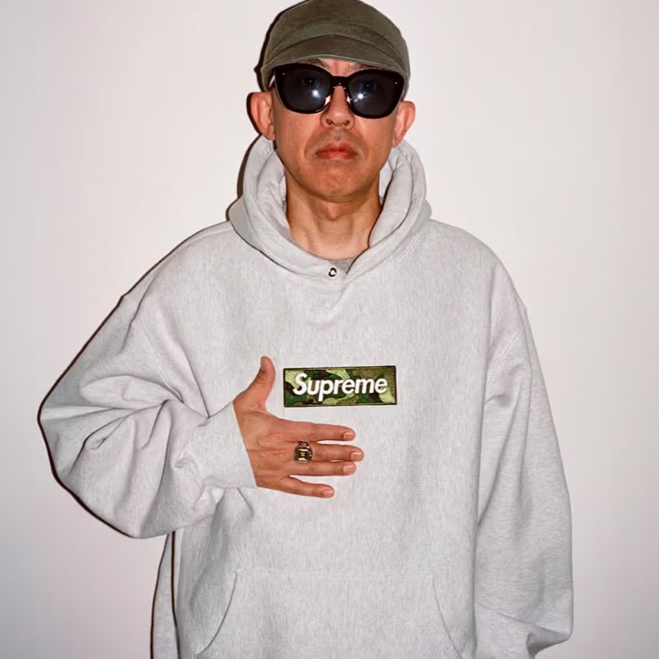 Supreme Loose Gauge Beanie Light Olive - 20FW, Supreme Box Logo Hooded Sweatshirt Ash Grey - 23FW 착용 스타일 - 2