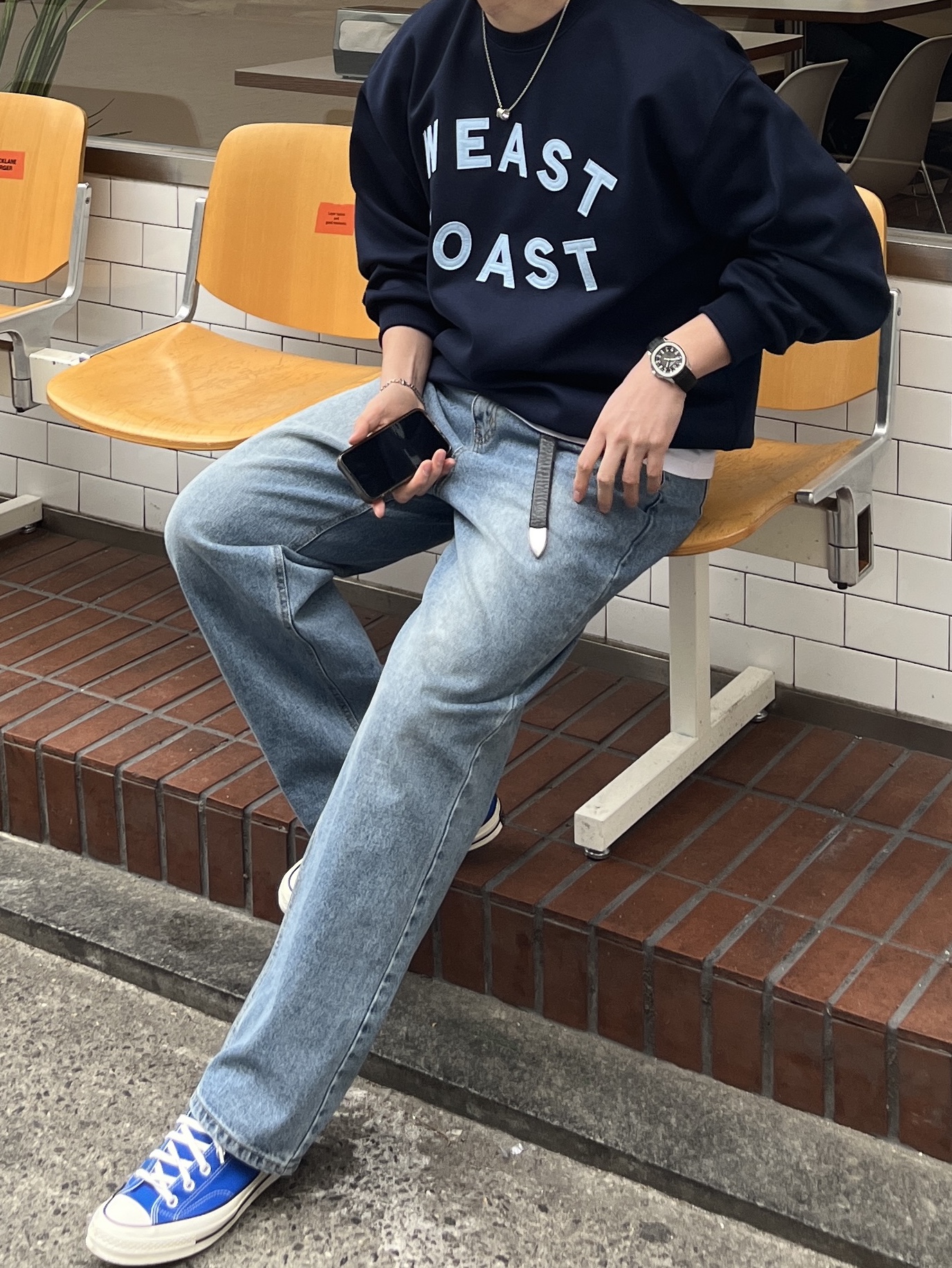 Converse Chuck 70 Ox Vintage Canvas Rush Blue, Our Legacy Belt 2cm Leather Black 착용 스타일 - 4