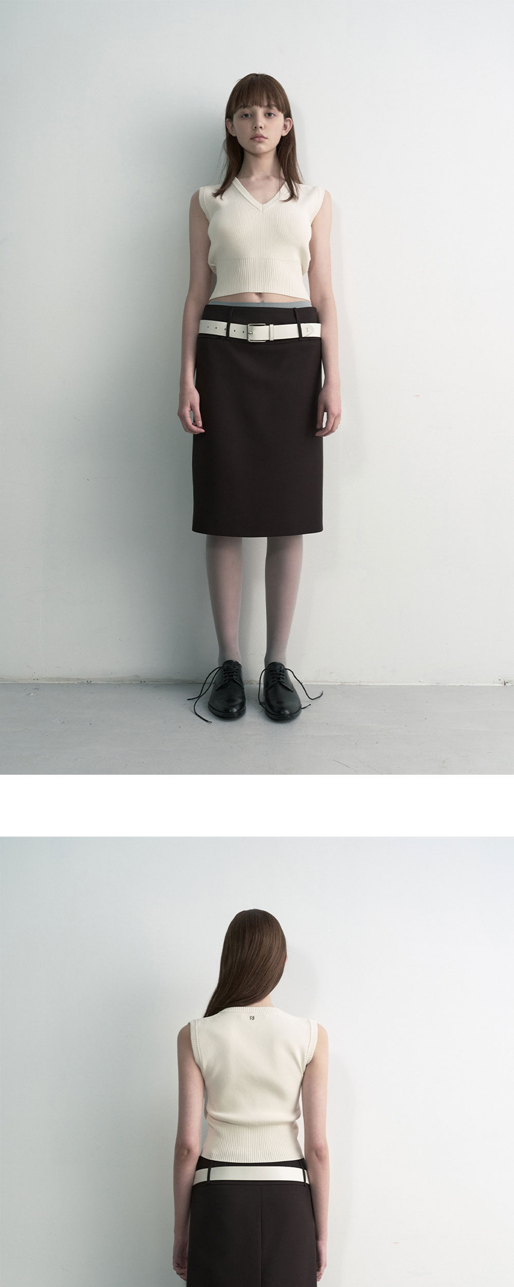 STUDIOTABLE Cotton Crop V Neck Knit Vest Ivory 상세 이미지 2