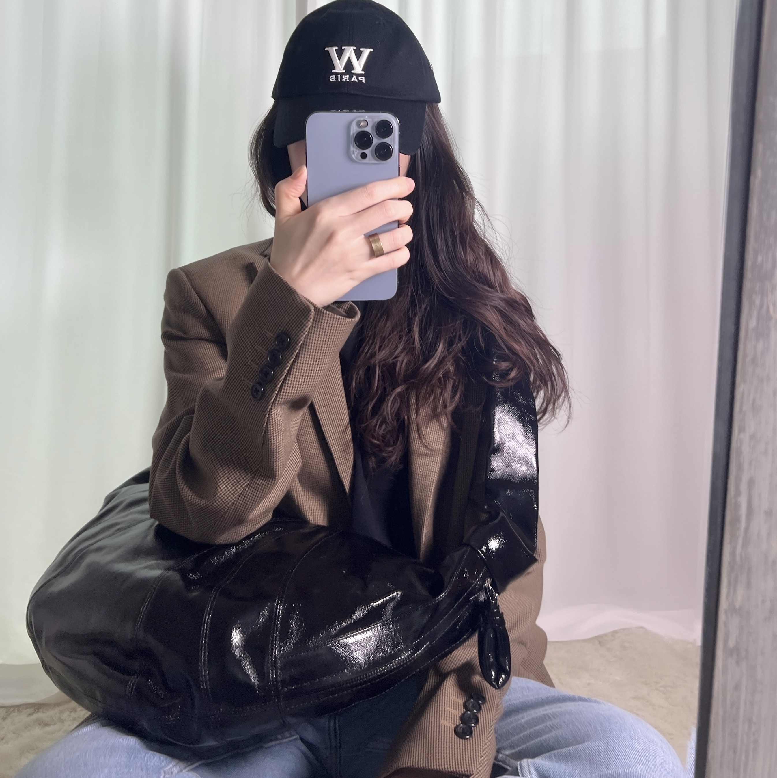 Lemaire Large Croissant Bag Coated Linen Canvas Black, Wooyoungmi W Patch Ball Cap Black - 23SS 착용 스타일