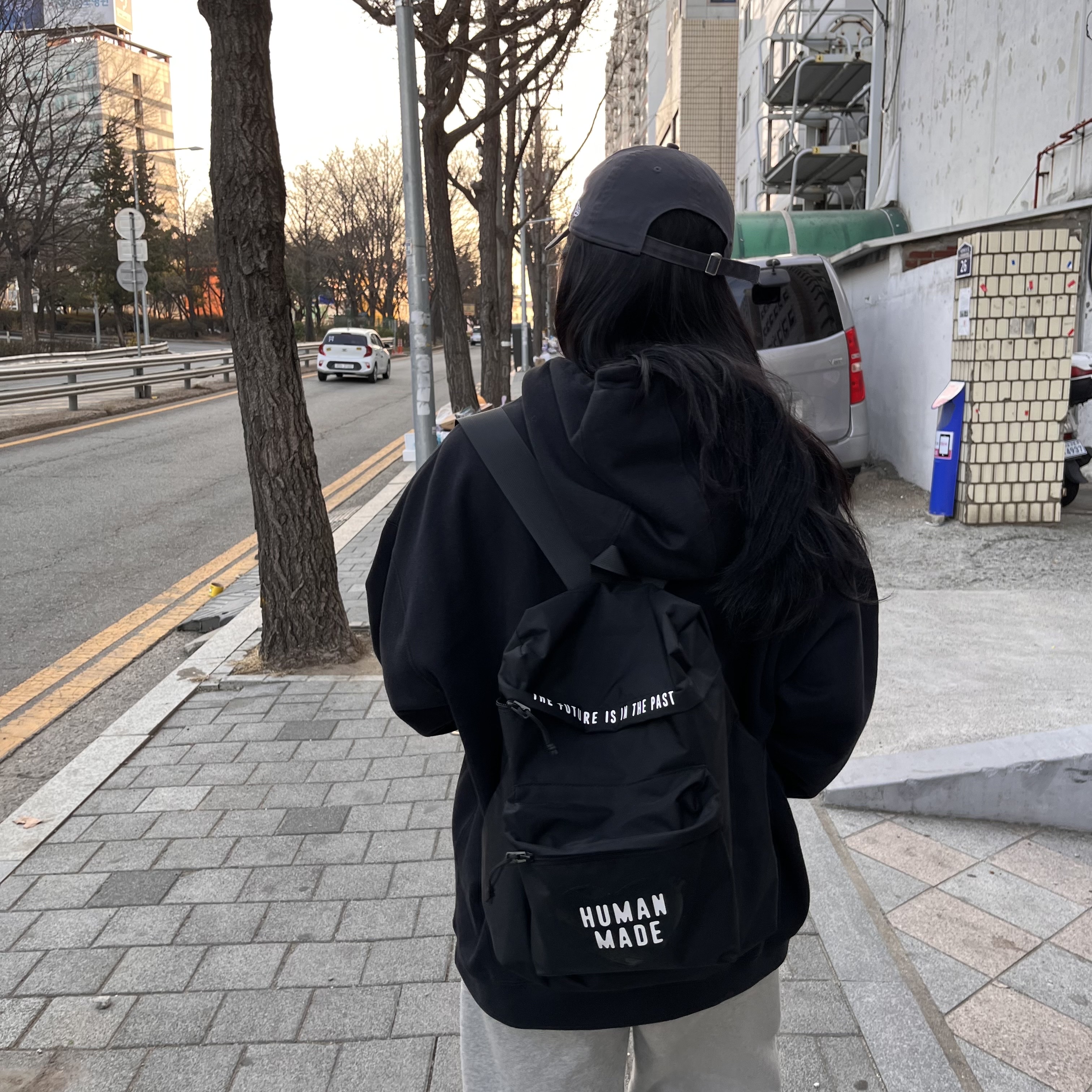 Human Made Backpack Black, Nike x Stussy NRG Fleece Pants Dark Grey Heather (DO9340-063) 착용 스타일