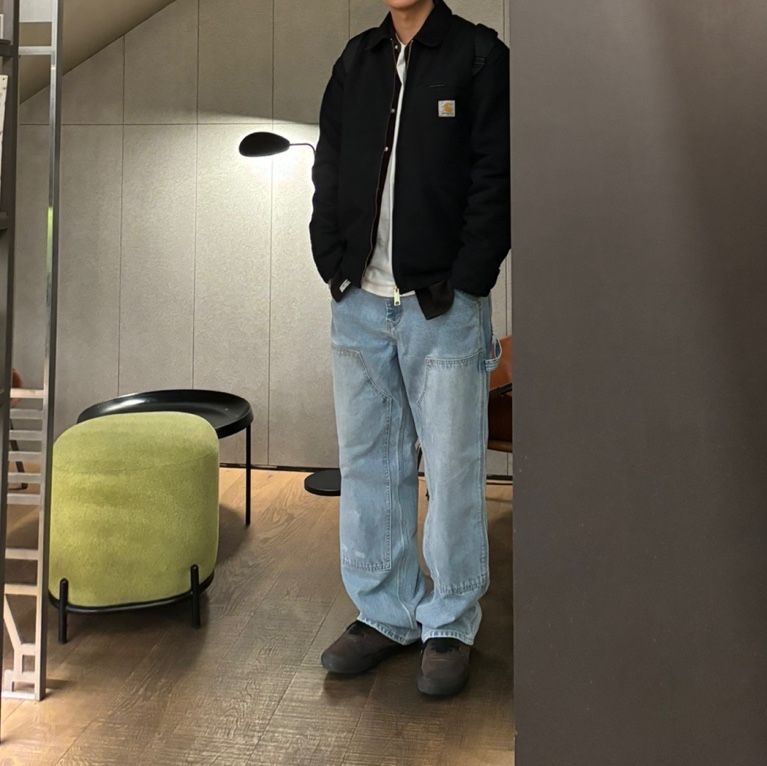 Carhartt WIP Organic Cotton Dearborn Canvas OG Detroit Jacket Black Aged Canvas - Winter, Vans Half Cab 33 DX Anaheim Factory OG Black 착용 스타일