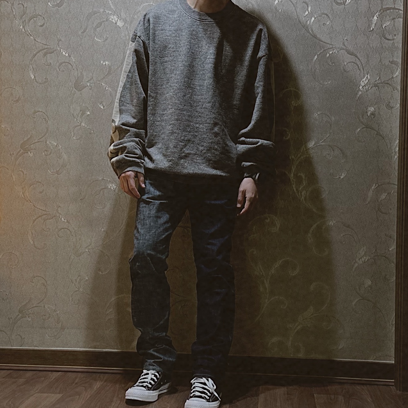 Kapital Fleece Big Crewneck Sweat Heather Charcoal 착용 스타일 - 1