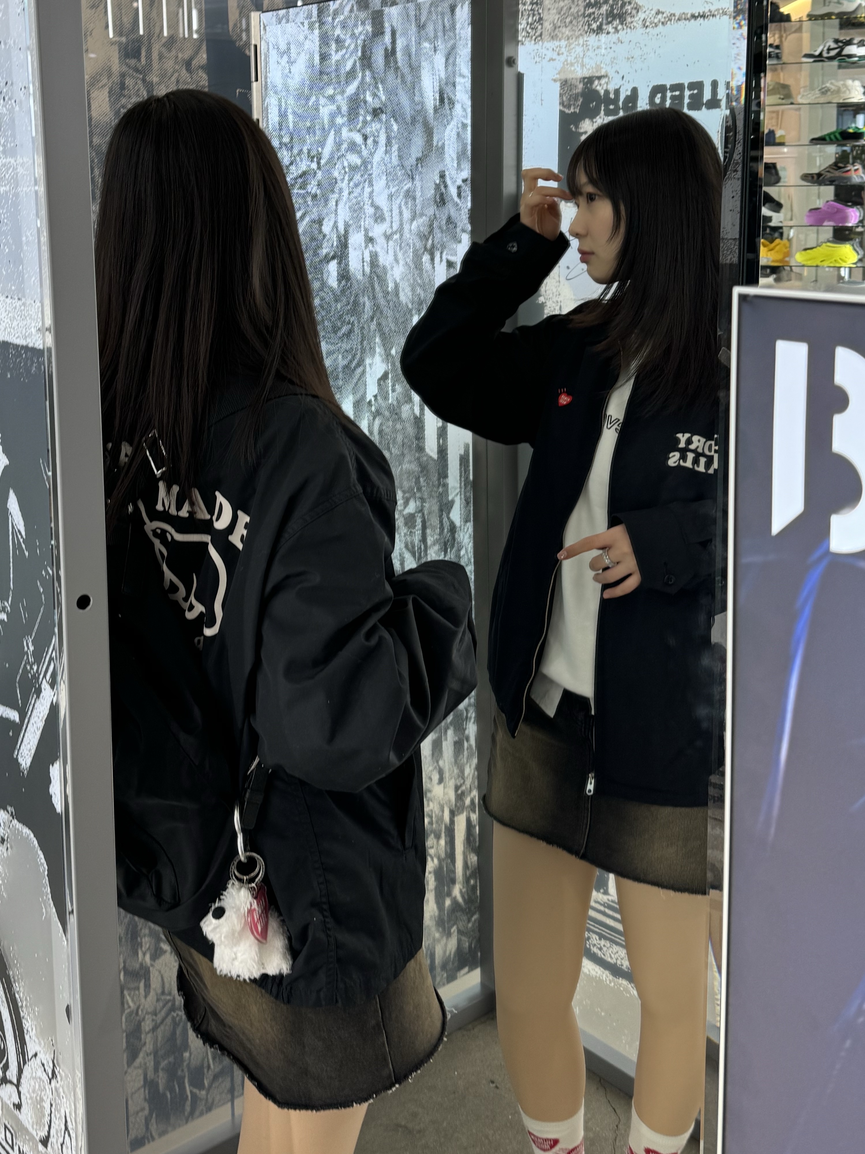 Human Made Drizzler Jacket Black, Human Made Acrylic Heart Keyring Pink 착용 스타일