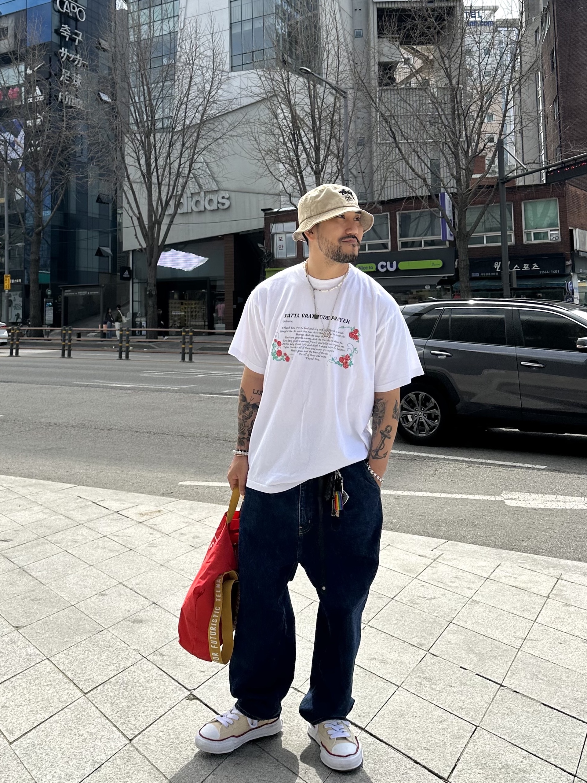 Human Made Nylon Heart 2-Way Tote Bag Red, Maison Mihara Yasuhiro Peterson OG Sole Canvas Low-top Sneakers Natural 착용 스타일 - 2