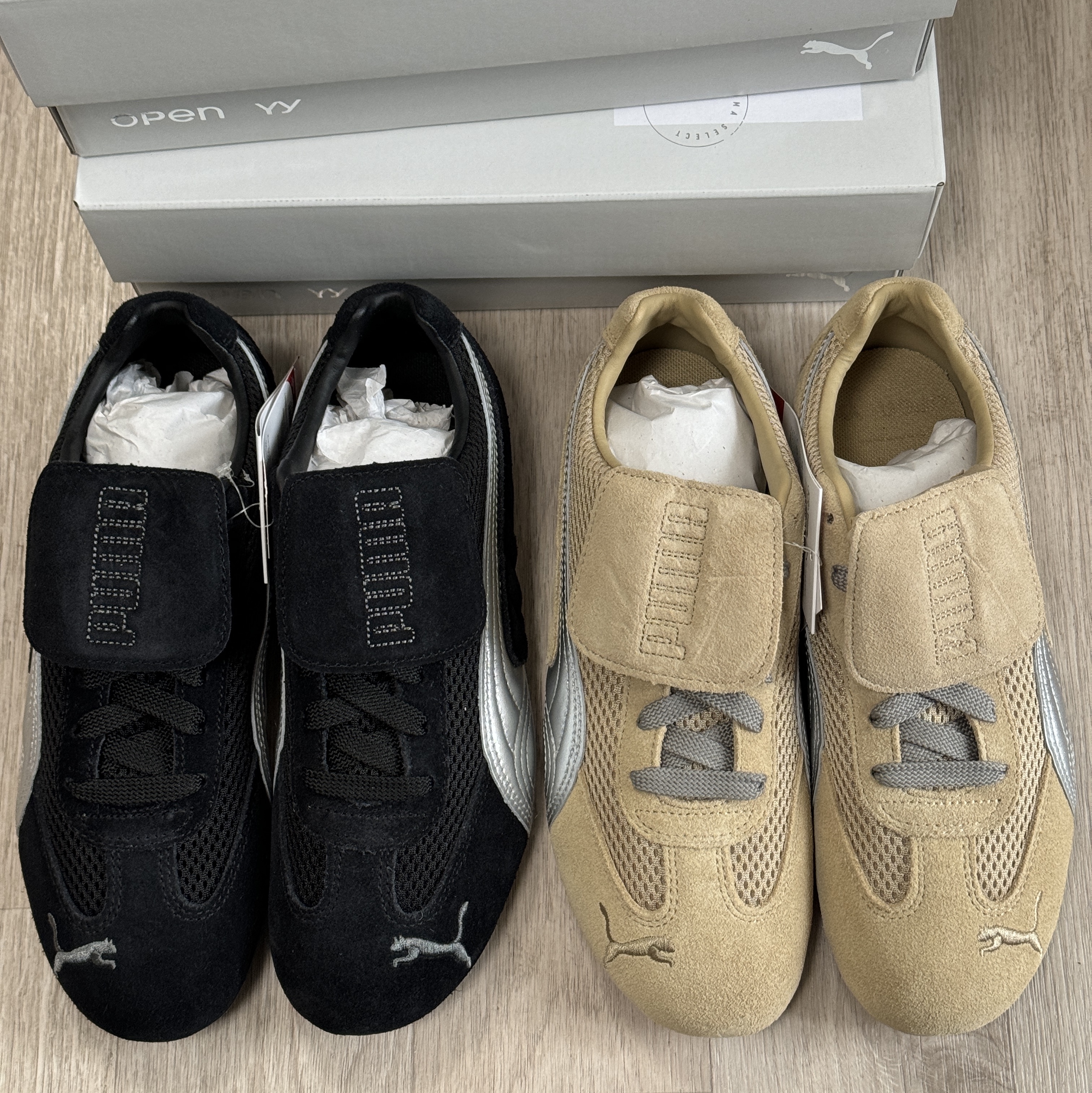Puma x Open Yy Speedcat Black Shadow Gray, Puma x Open Yy Speedcat Prairie Tan Matte Silver 착용 스타일