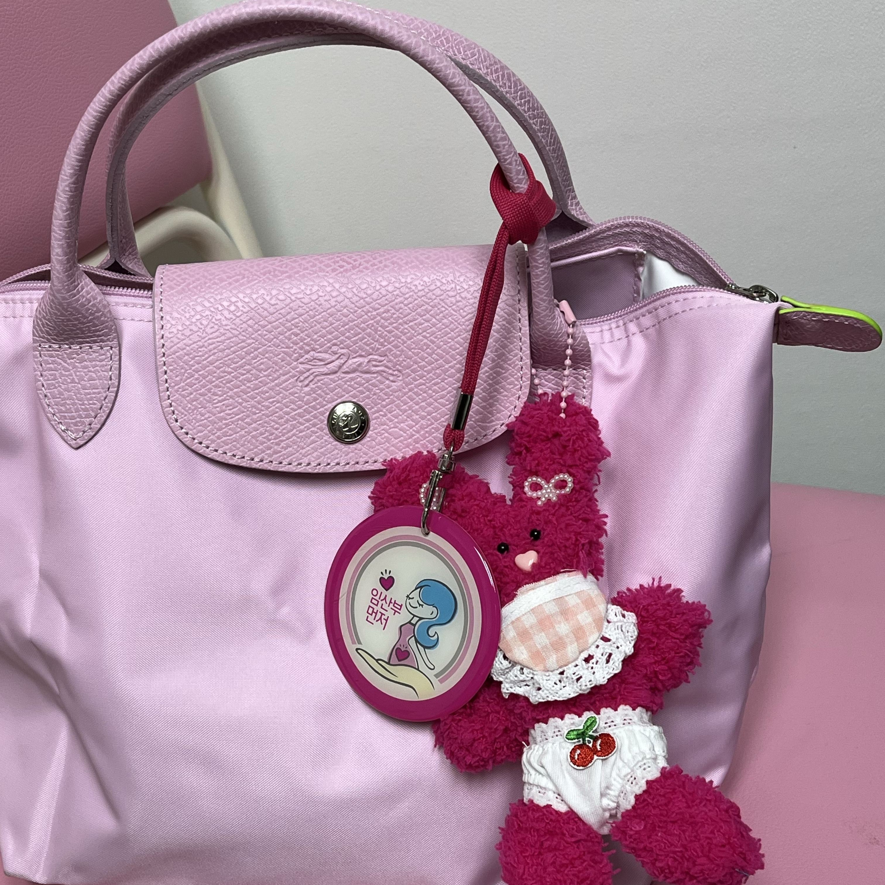 Longchamp Le Pliage Green Handbag S Pink 착용 스타일
