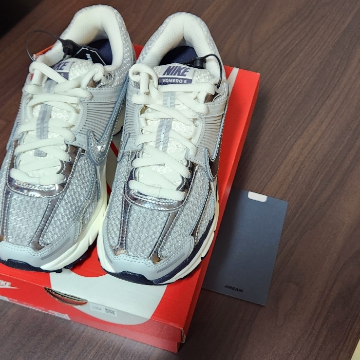 (W) Nike Zoom Vomero 5 Photon Dust and Metallic Silver 착용 스타일 - 2