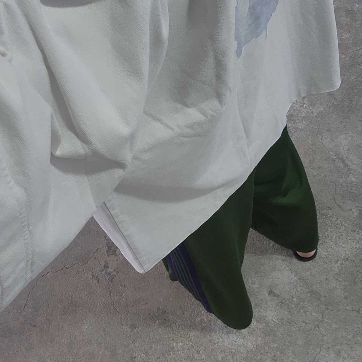 Yeezy Gap Engineered By Balenciaga Dove No Seam T-Shirt White, Needles H.D. Track Pants Poly Smooth Ivy Green 착용 스타일