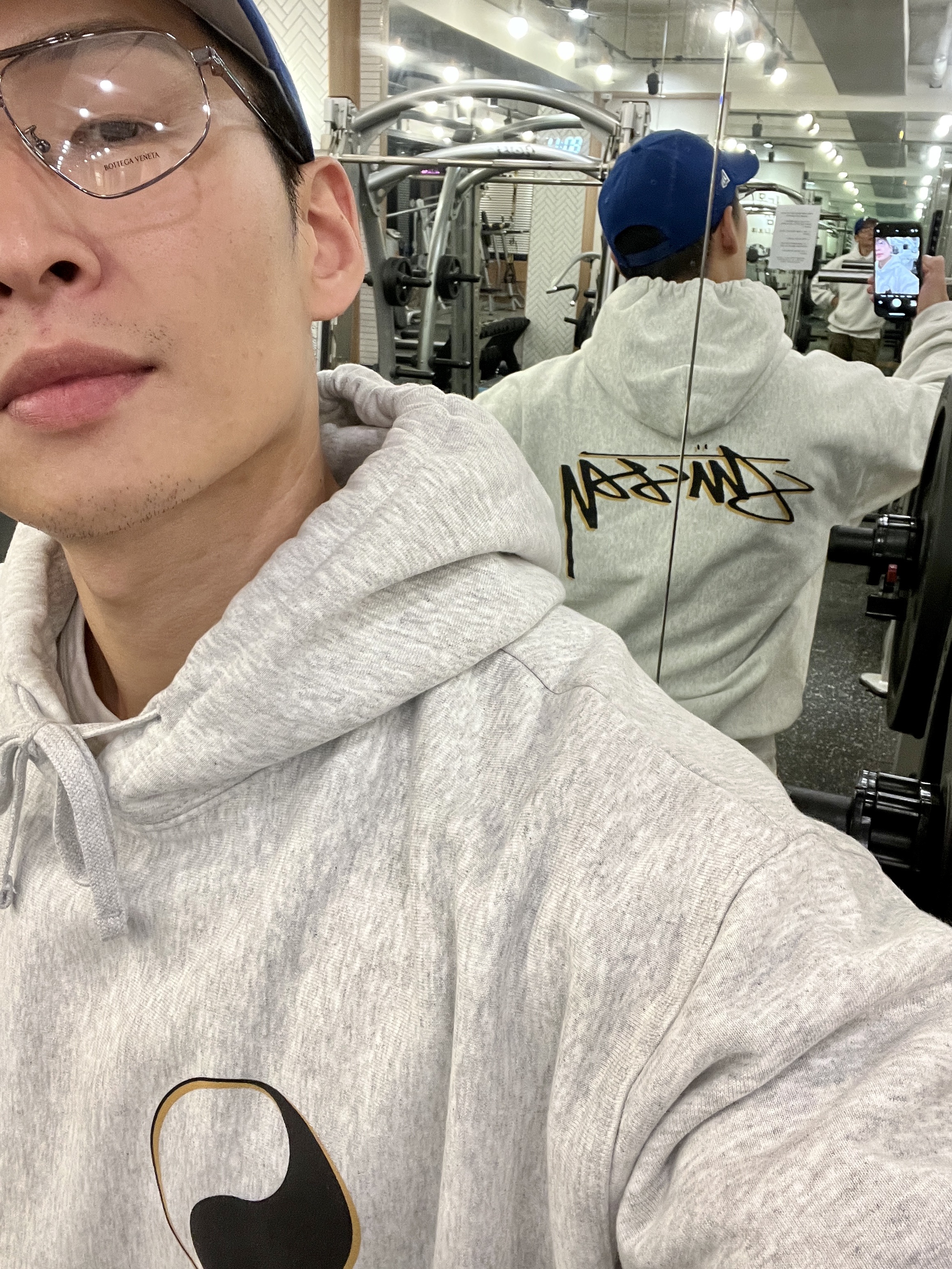 Stussy x Our Legacy Work Shop Drop Shadow Pigment Dyed Hoodie Ash Heather, Palace New Era Low Profile P 9Fifty Blue - 23FW 착용 스타일