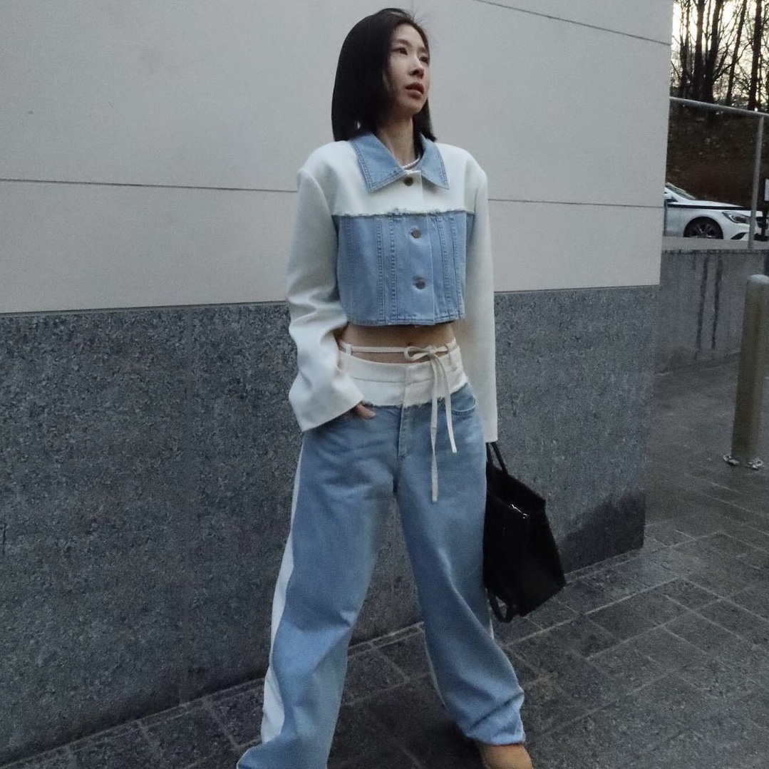 Diagonal Denim Mixed Jacket Blue 착용 스타일 - 1