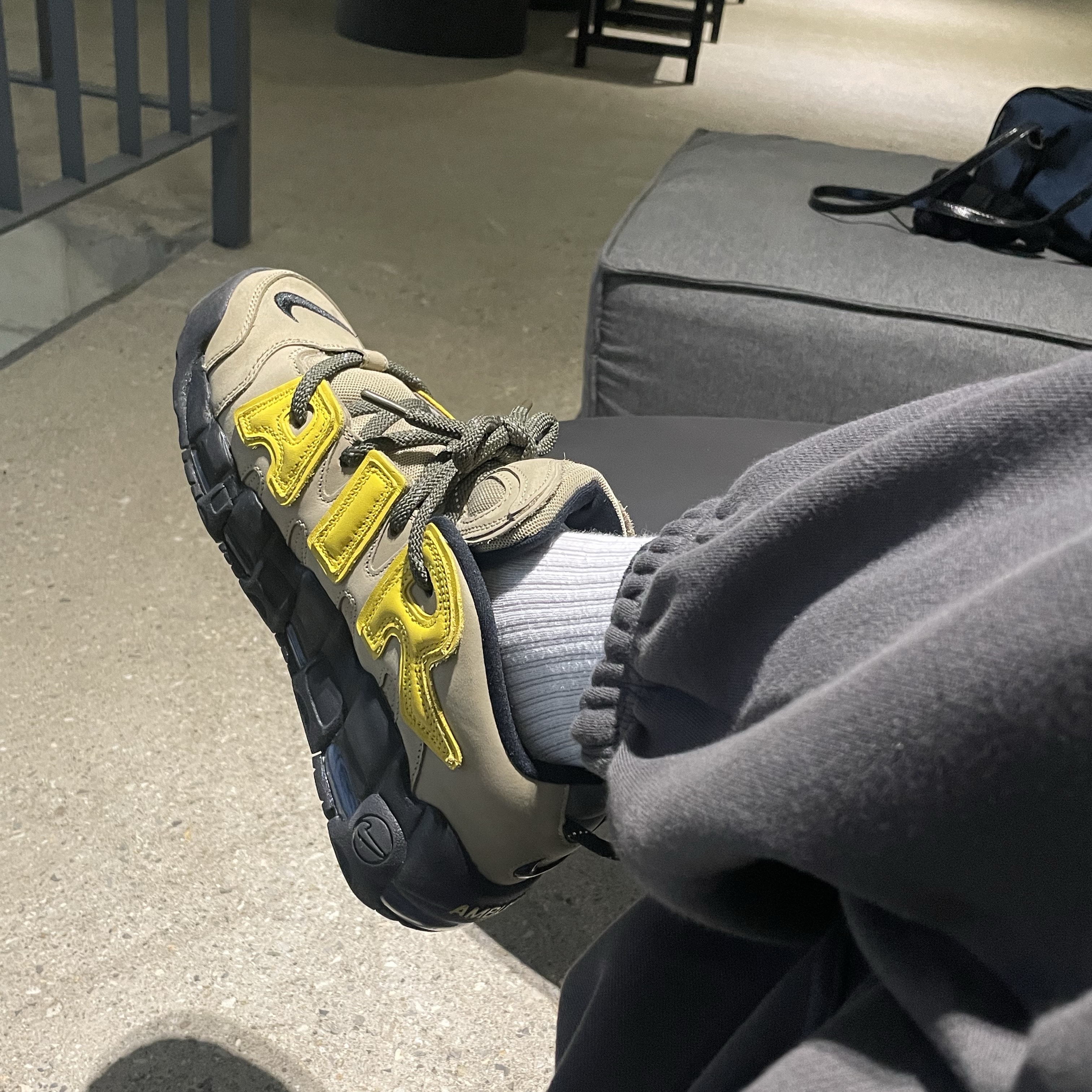 Nike x Ambush Air More Uptempo Low Vivid Sulfur and Limestone 착용 스타일