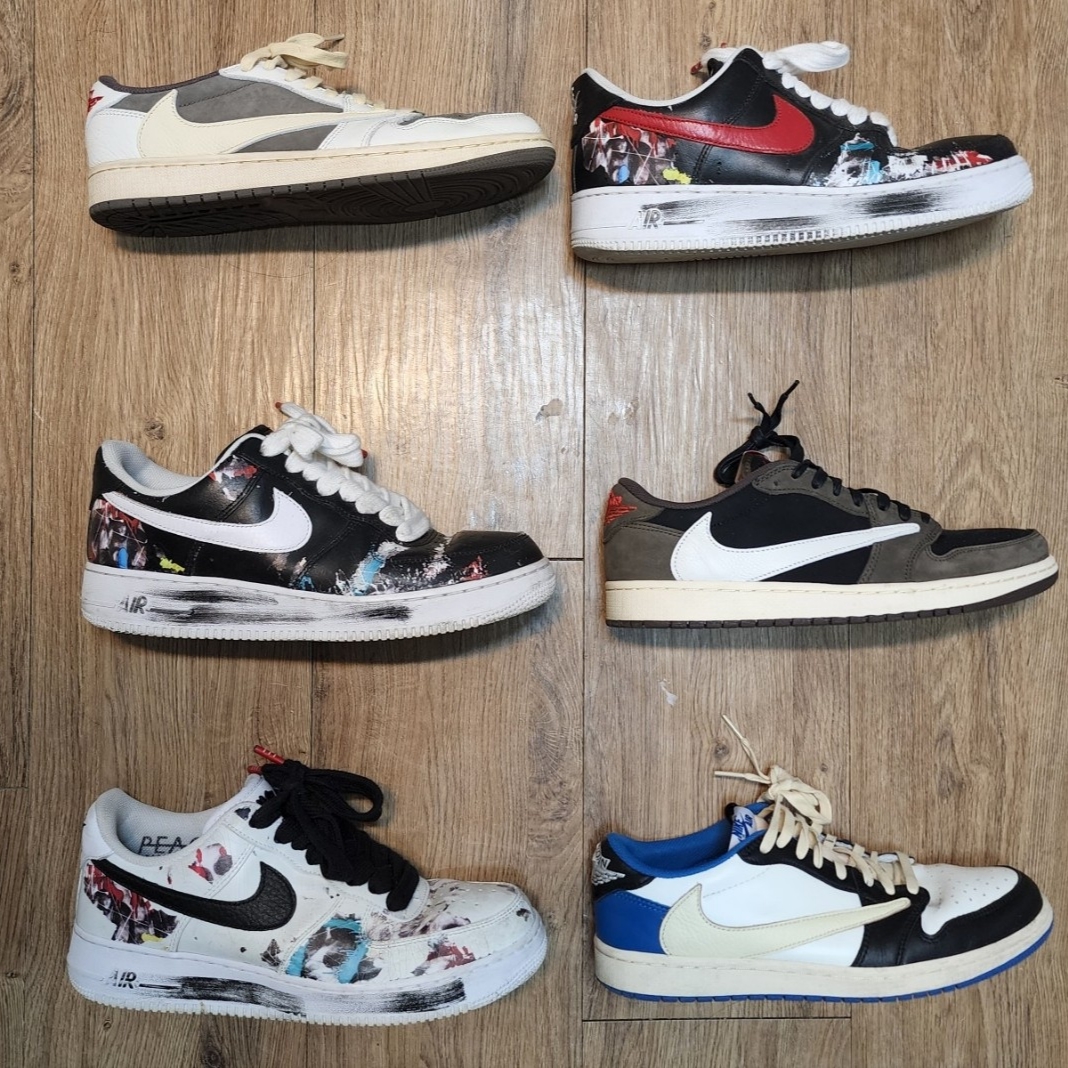 Jordan 1 x Travis Scott Retro Low OG SP Sail and Ridgerock, Nike x Peaceminusone Air Force 1 Low Para-Noise 2.0 착용 스타일