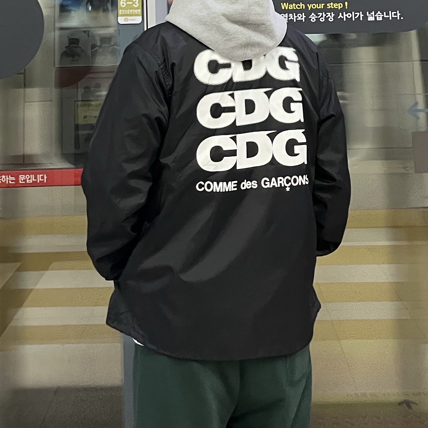 CDG Logo Coach Jacket Black 착용 스타일