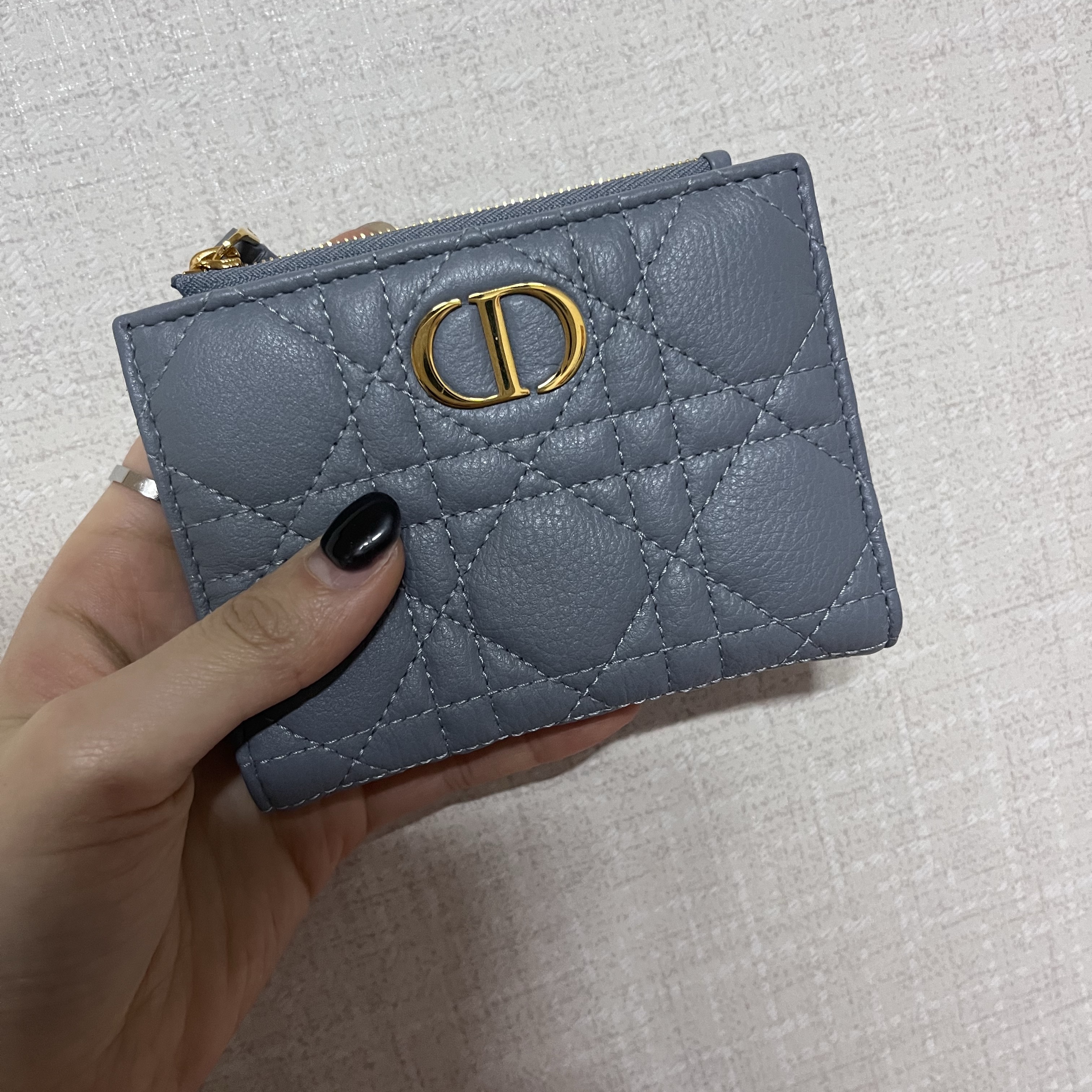 Dior Caro Dahlia Wallet Cloud Blue Supple 착용 스타일 - 2