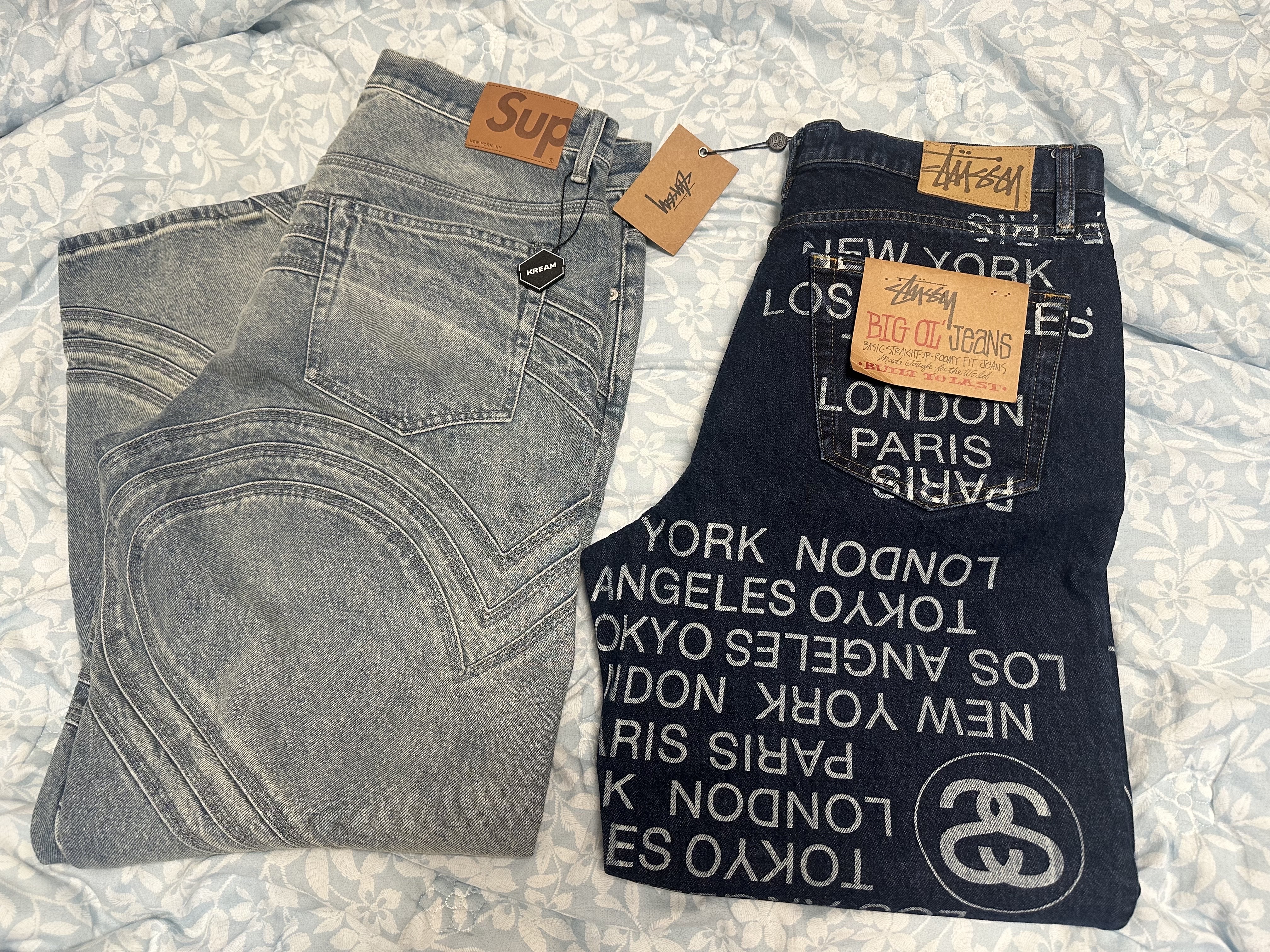 Supreme S Logo Loose Fit Jean Washed Blue - 24SS, Stussy Big OL’ Jean City Link Denim One Wash 착용 스타일