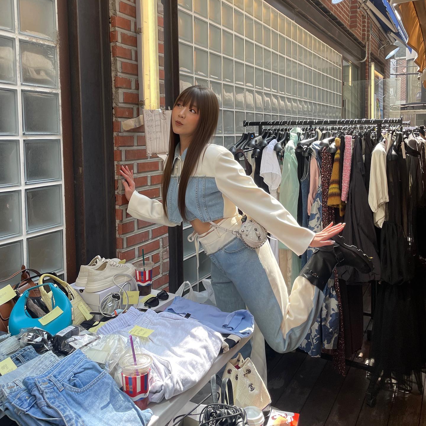 Diagonal Denim Mixed Jacket Blue 착용 스타일