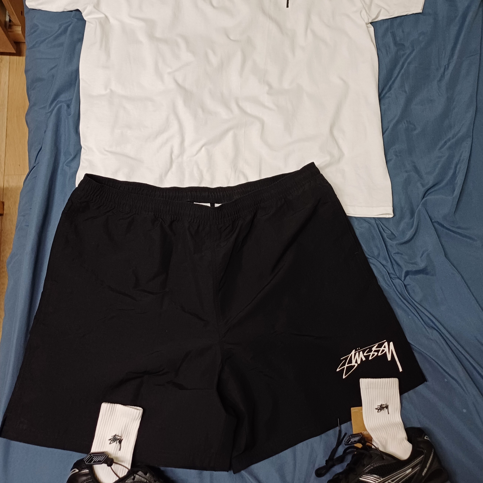 Asics Gel-Kayano 14 Black Pure Silver, Nike x Stussy Shorts Black (FJ9167-010) 착용 스타일 - 1