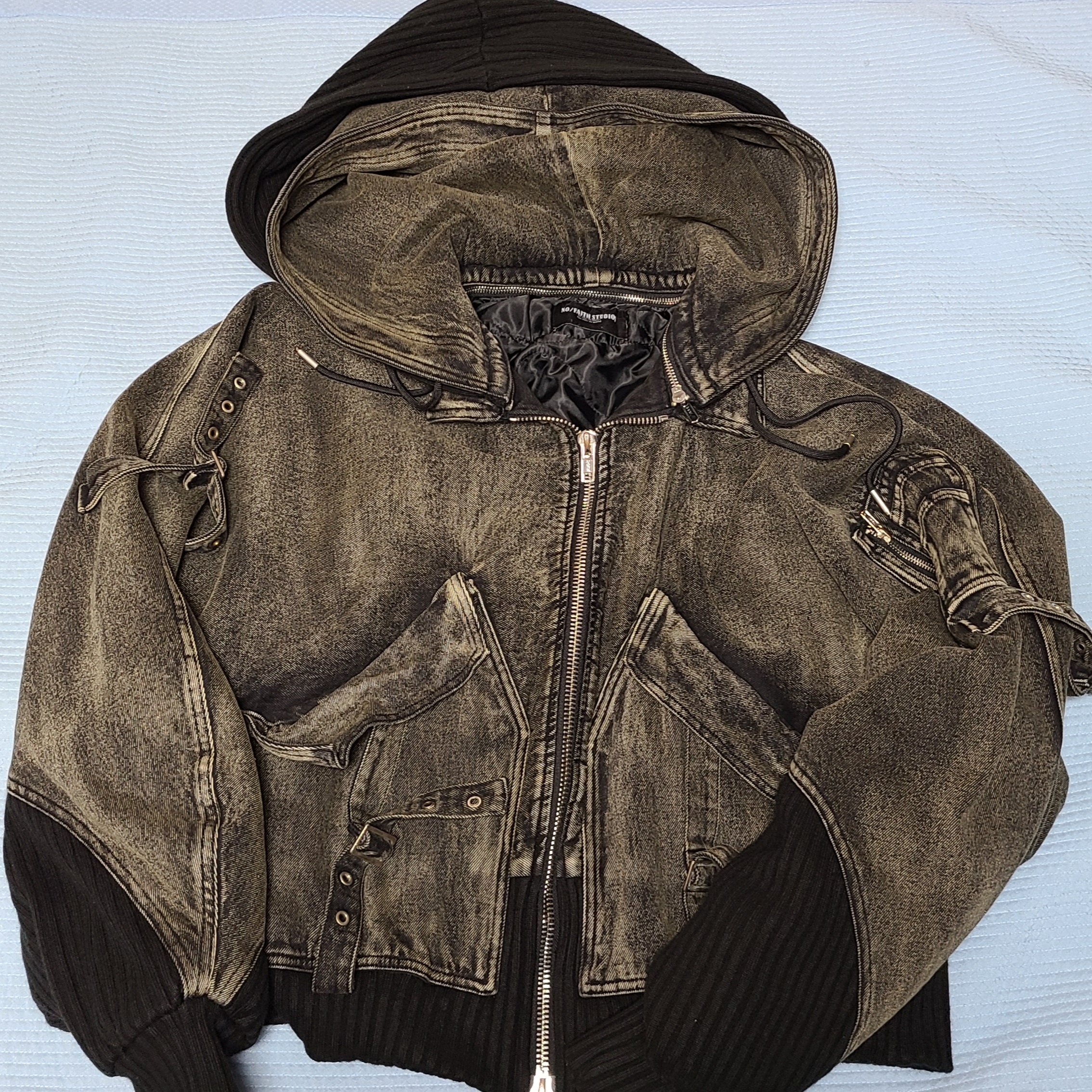 No/Faith Studios Cargo Bomber Denim Jacket Black 착용 스타일 - 1
