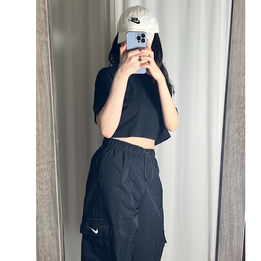 (W) Nike NSW Essentiasl High-Rise Woven Cargo Pants Black - Asia 착용 스타일