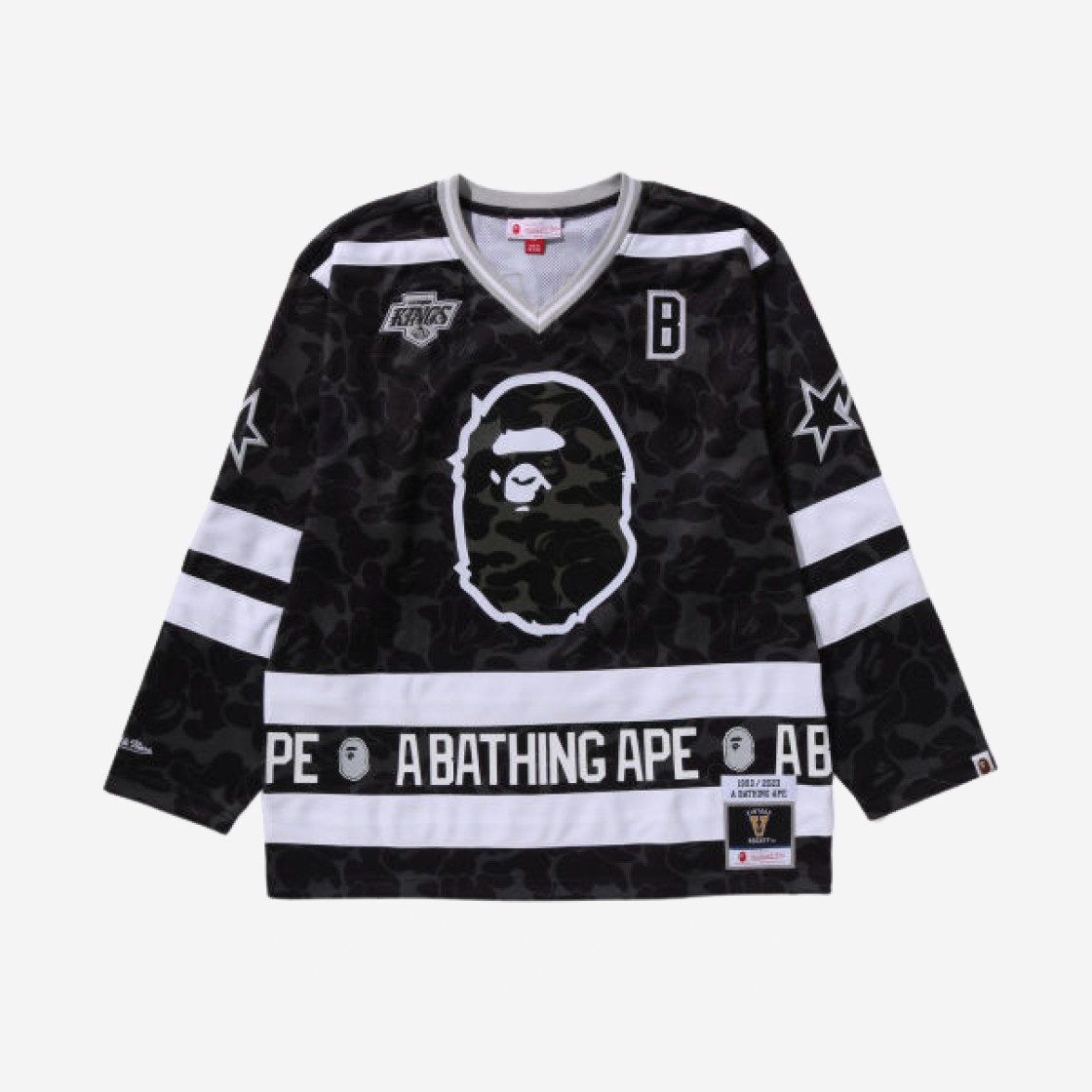 BAPE x Mitchell & Ness NHL Los Angeles Kings Mesh Hockey Jersey Long Sleeve T-Shirt Black 상세 이미지 1