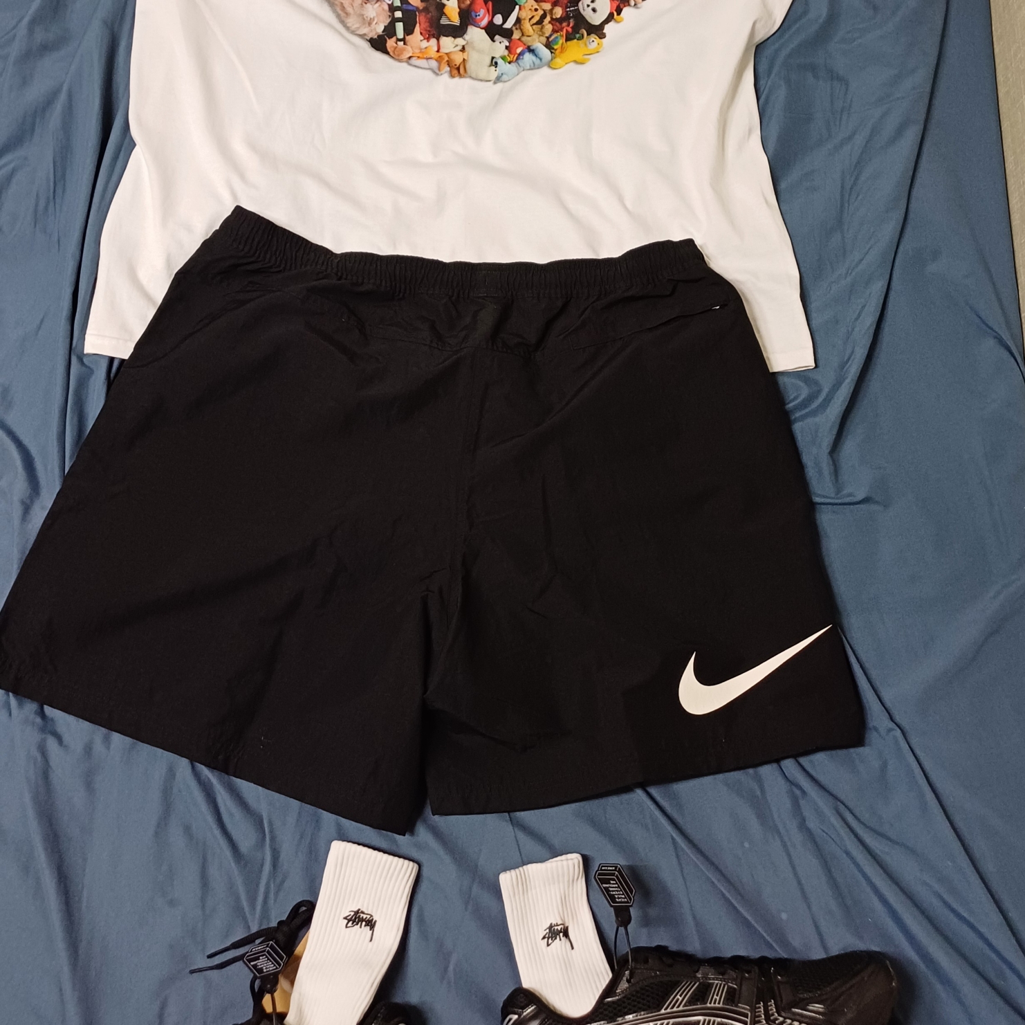 Asics Gel-Kayano 14 Black Pure Silver, Nike x Stussy Shorts Black (FJ9167-010) 착용 스타일 - 2