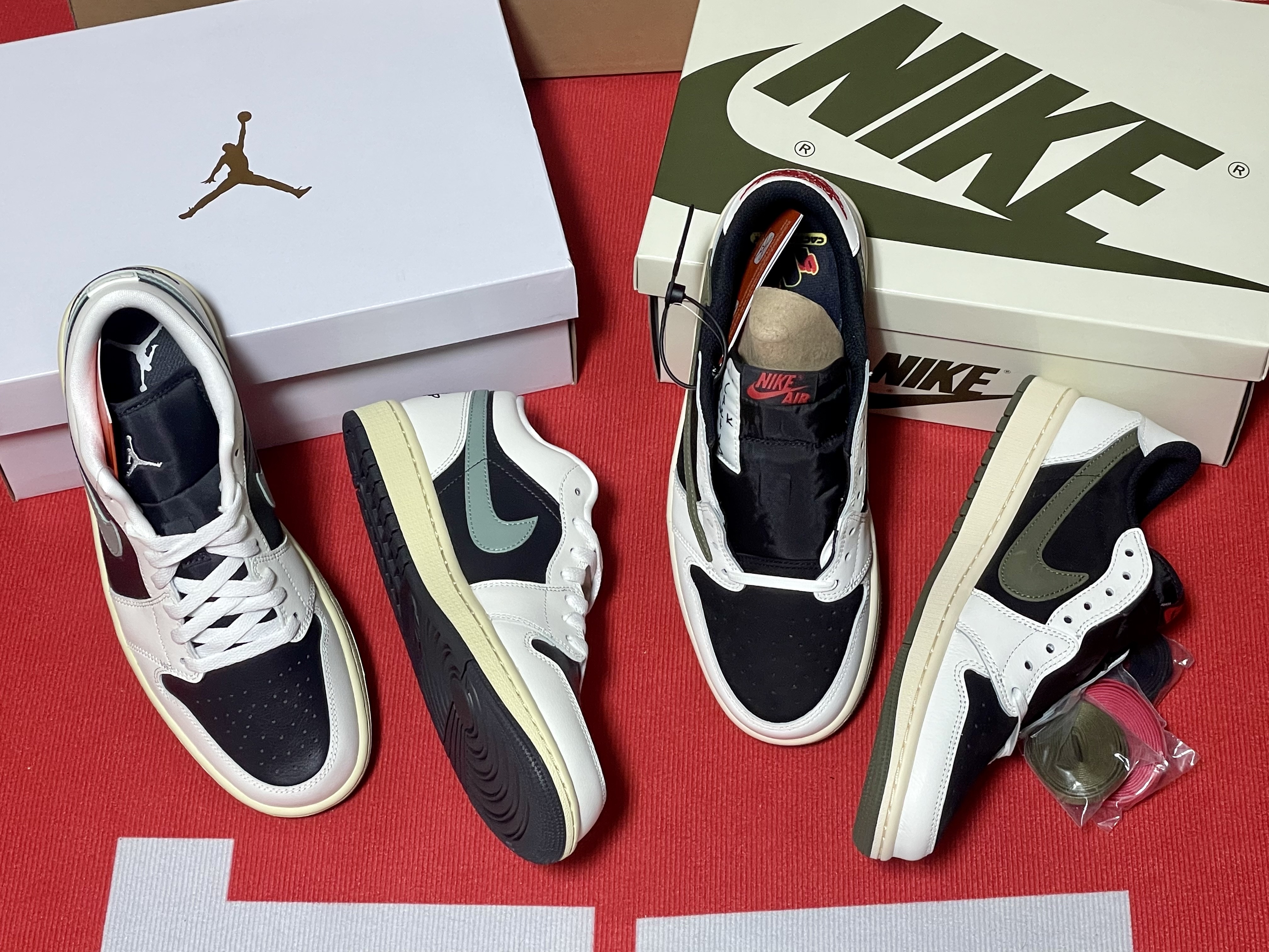 (W) Jordan 1 Low Anthracite Sail, (W) Jordan 1 x Travis Scott Retro Low OG SP Medium Olive 착용 스타일 - 2