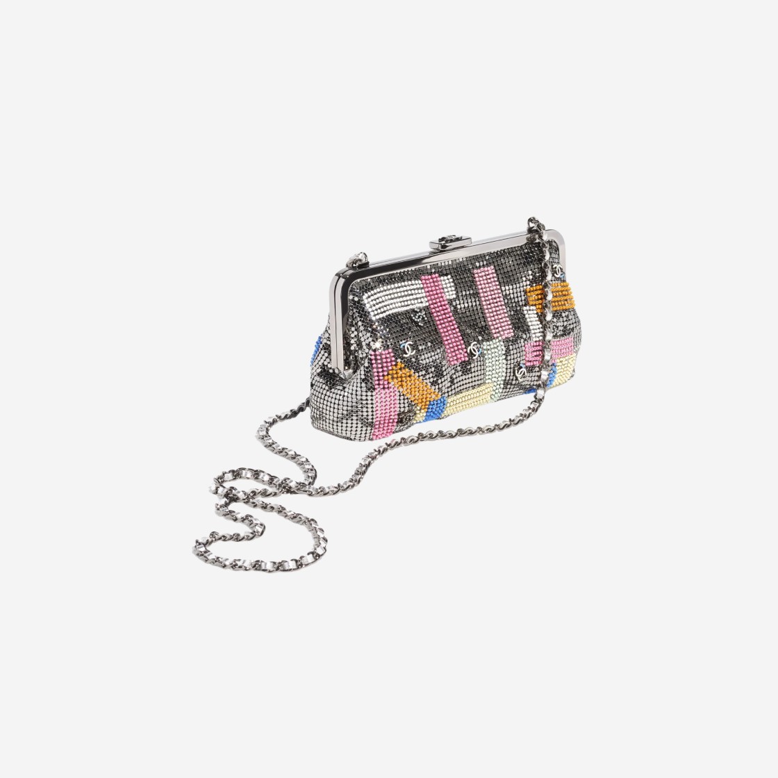 Chanel Clutch Embroidered Metallic Mesh Imitation Pearls & Ruthenium Finish Metal Silver Multicolor 상세 이미지 2