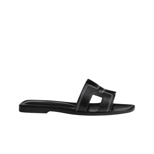 (W) Hermes Oran Sandal Embroidered Calfskin & Noir