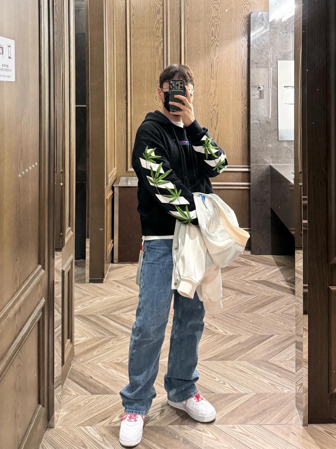 Off-White Weed Arrow Oversized Hoodie Black, Wooyoungmi Long Straight Denim Pants Blue -23FW 착용 스타일 - 1