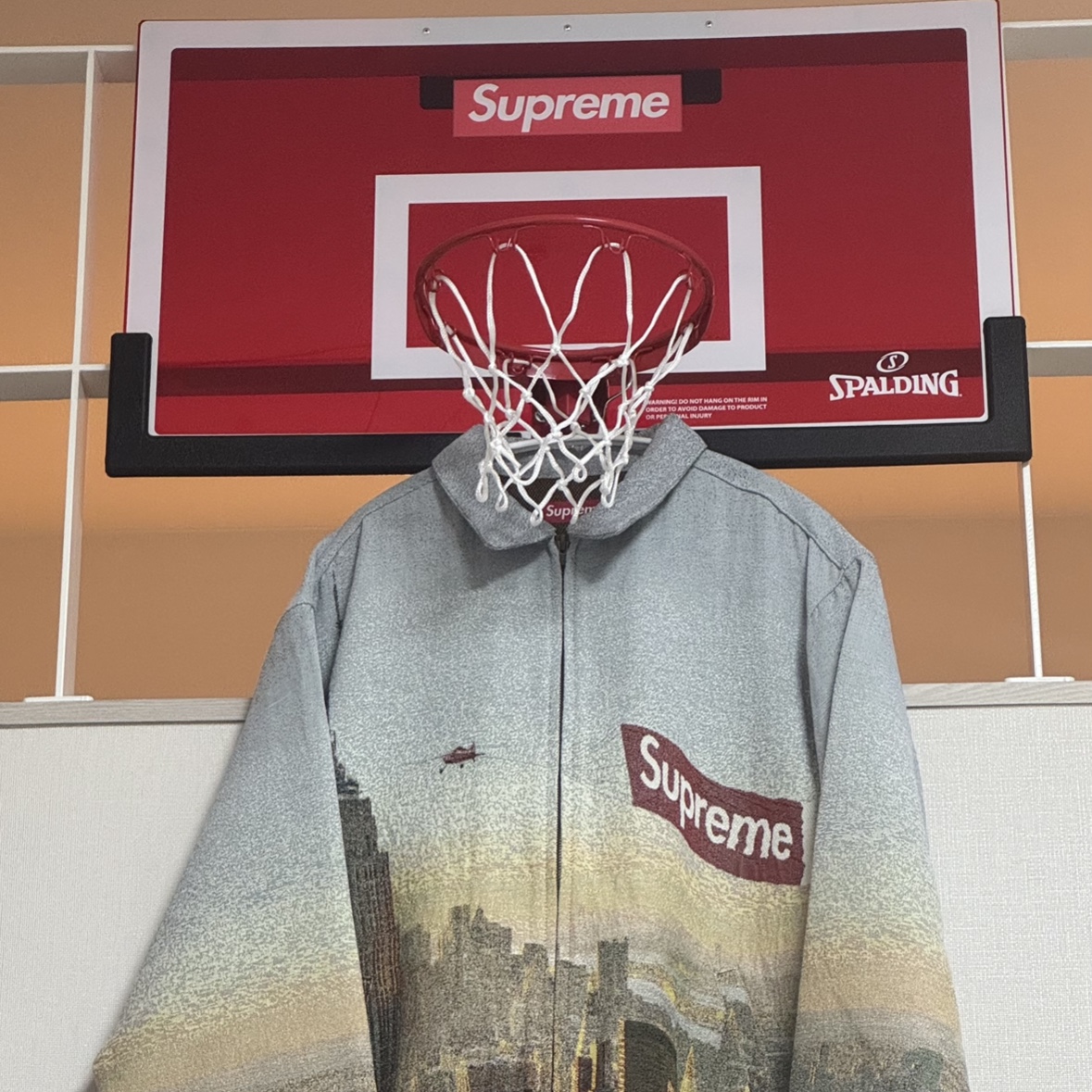 Supreme x Spalding Mini Basketball Hoop Red - 23FW, Supreme Aerial Tapestry Harrington Jacket - 20FW 착용 스타일