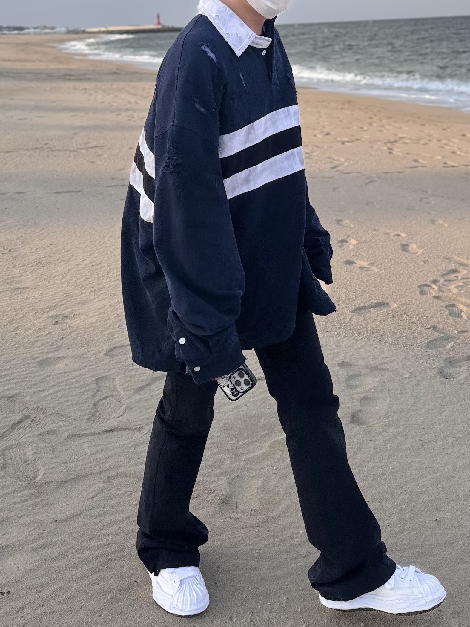 Project G/R Bullied Polo Shirts Navy, Nonnod Flared Pants Black 착용 스타일 - 2