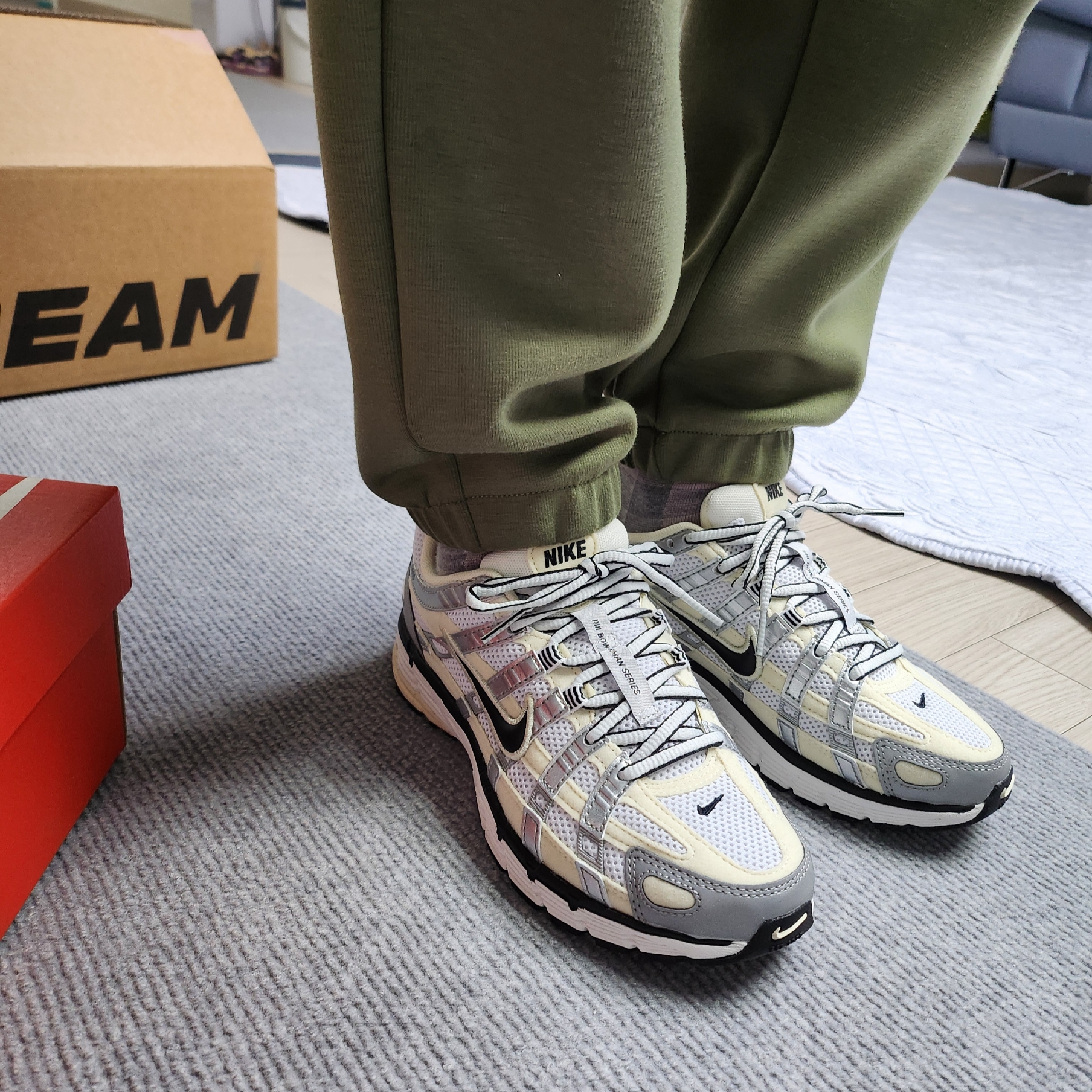 (W) Nike P-6000 Coconut Milk Metallic Silver 착용 스타일 - 2
