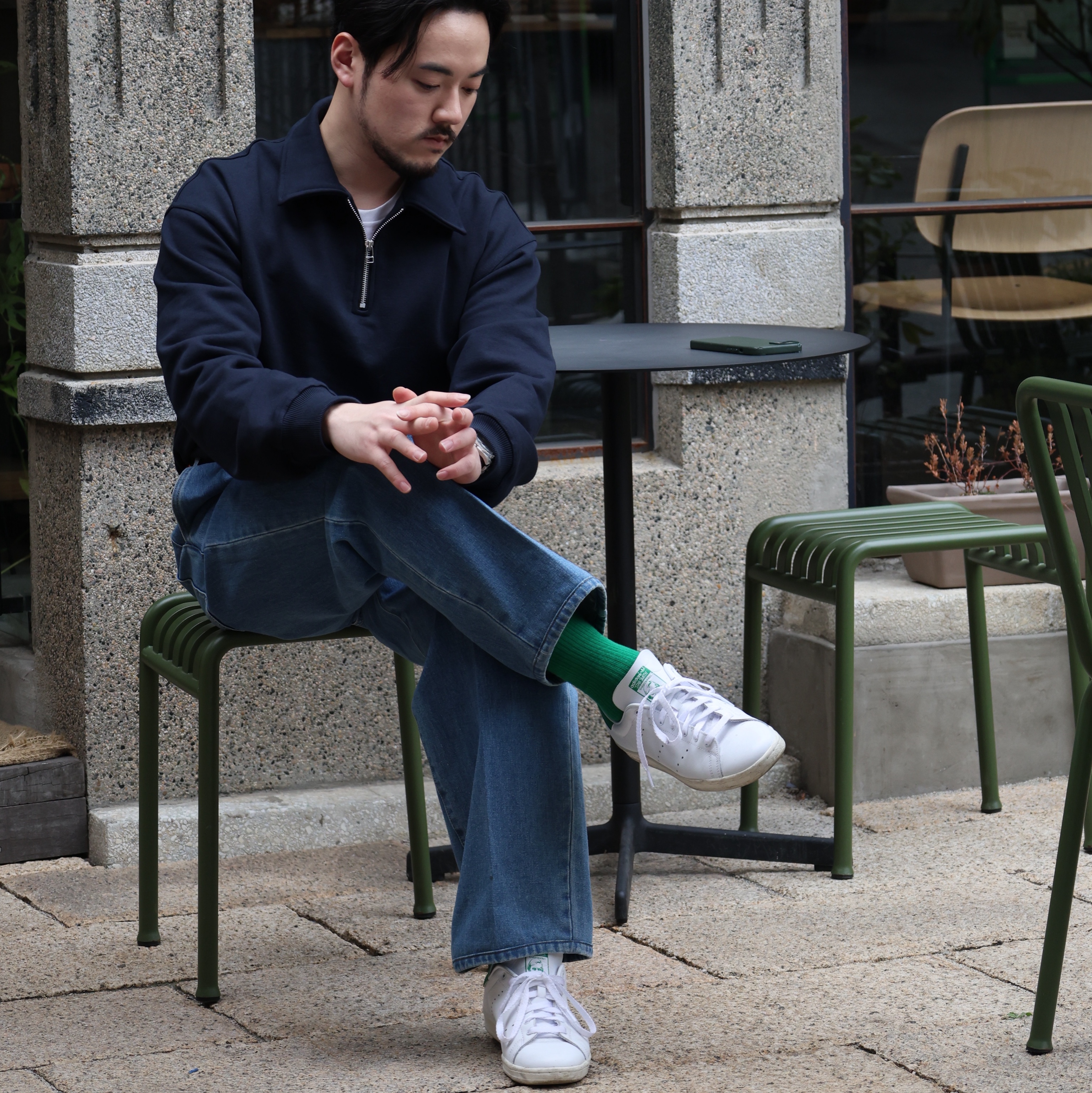 Adidas Stan Smith 80s Cloud White Green 착용 스타일 - 2