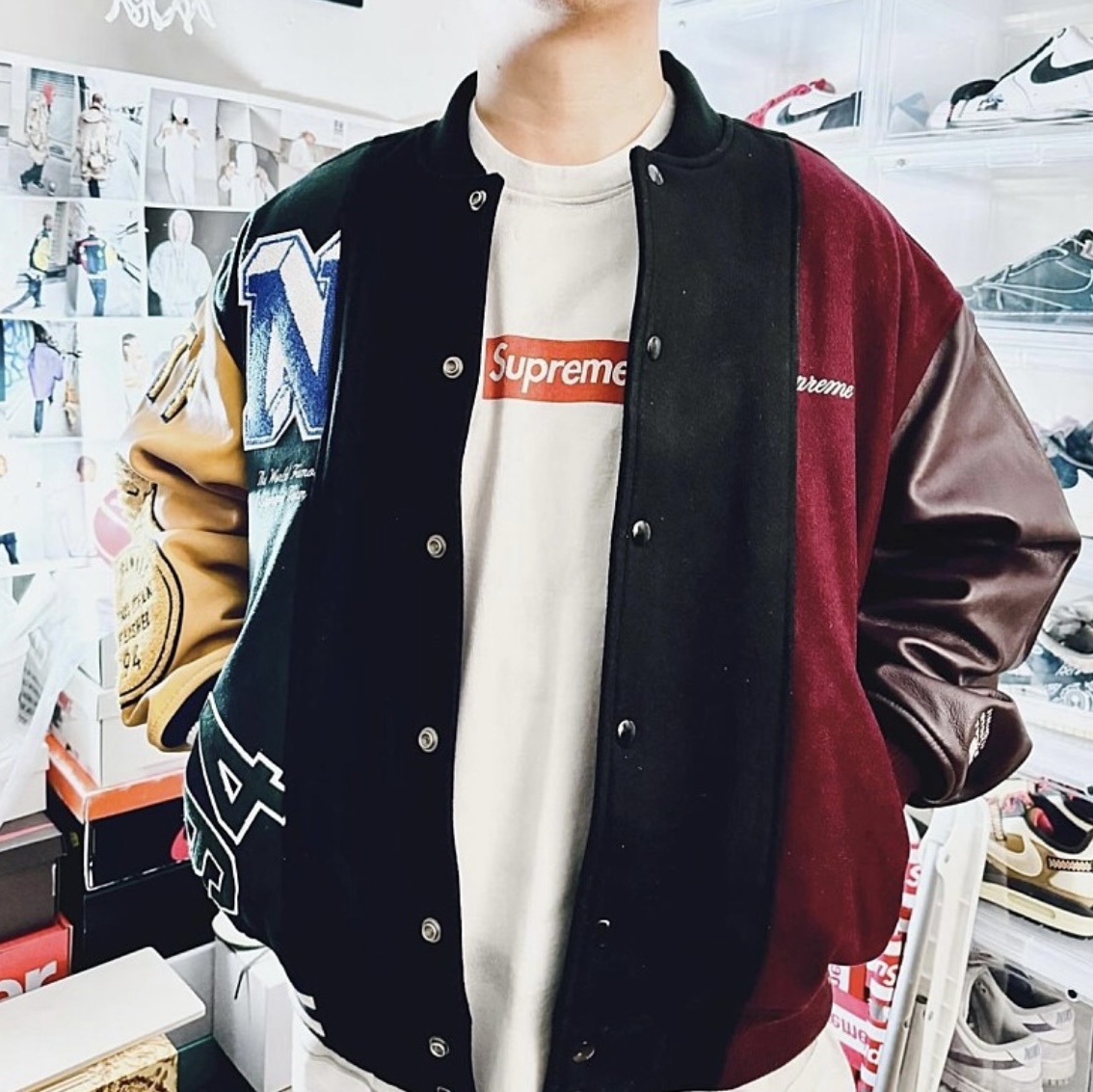 Supreme x MM6 Maison Margiela Box Logo T-Shirt White - 24SS, Supreme x MM6 Maison Margiela Split Varsity Jacket Multicolor - 24SS 착용 스타일