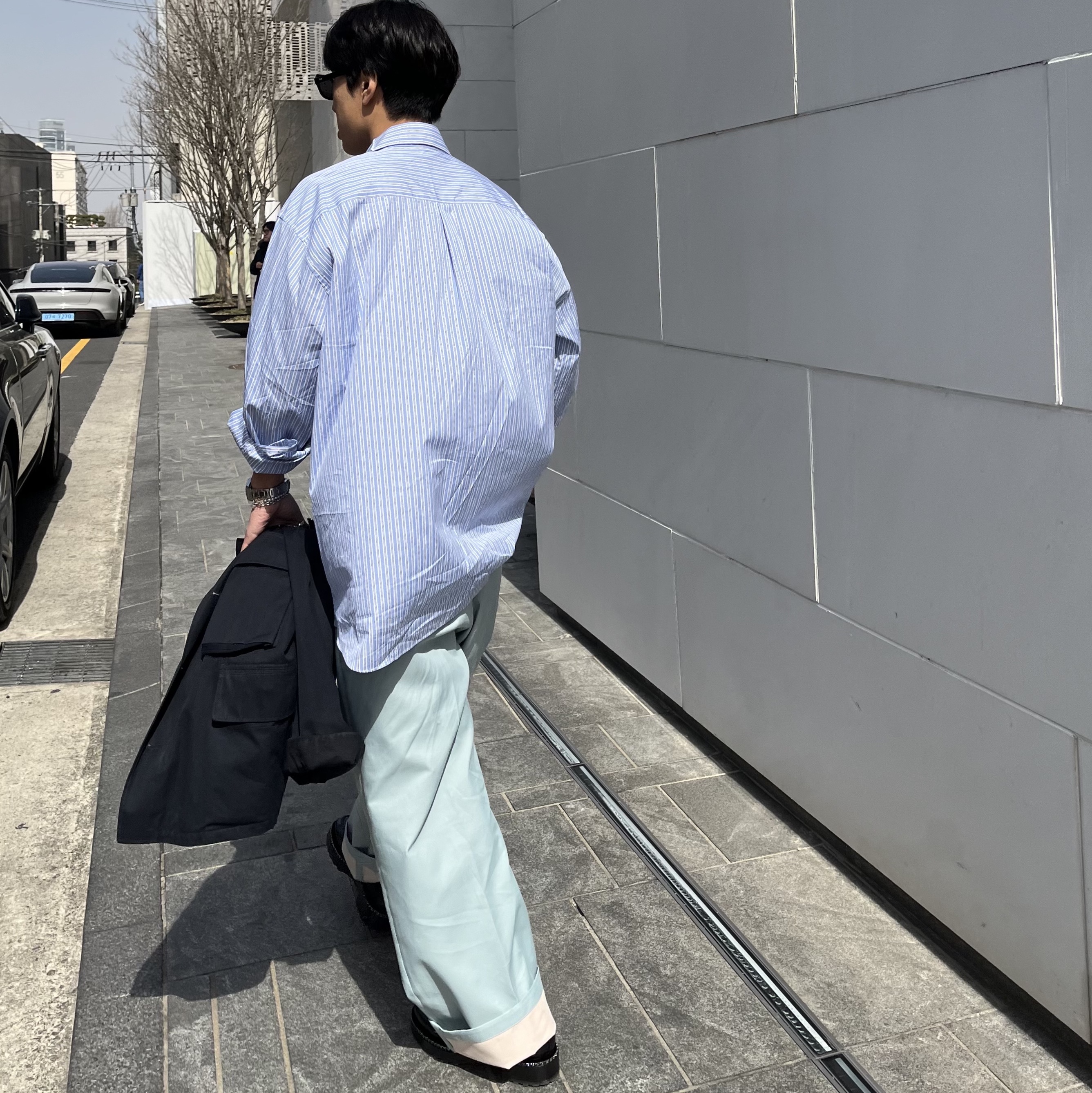N ARCHIVE Archive Double Face Fabric Stitch Detail Cotton Pants Sky Blue 착용 스타일
