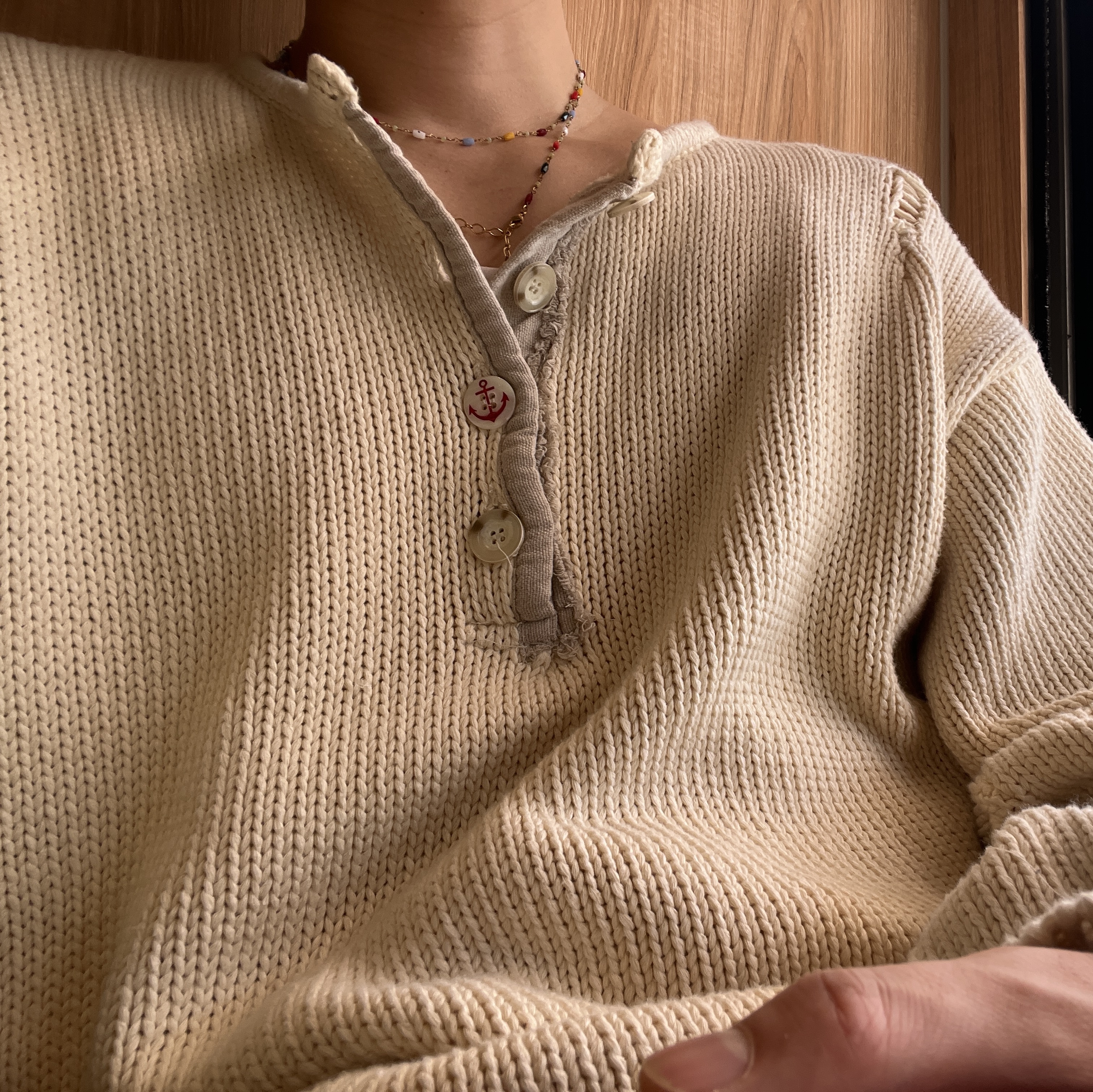 N ARCHIVE Archive Heavy Weight Cotton Damage Detail Henry Neck Knit Ivory 착용 스타일