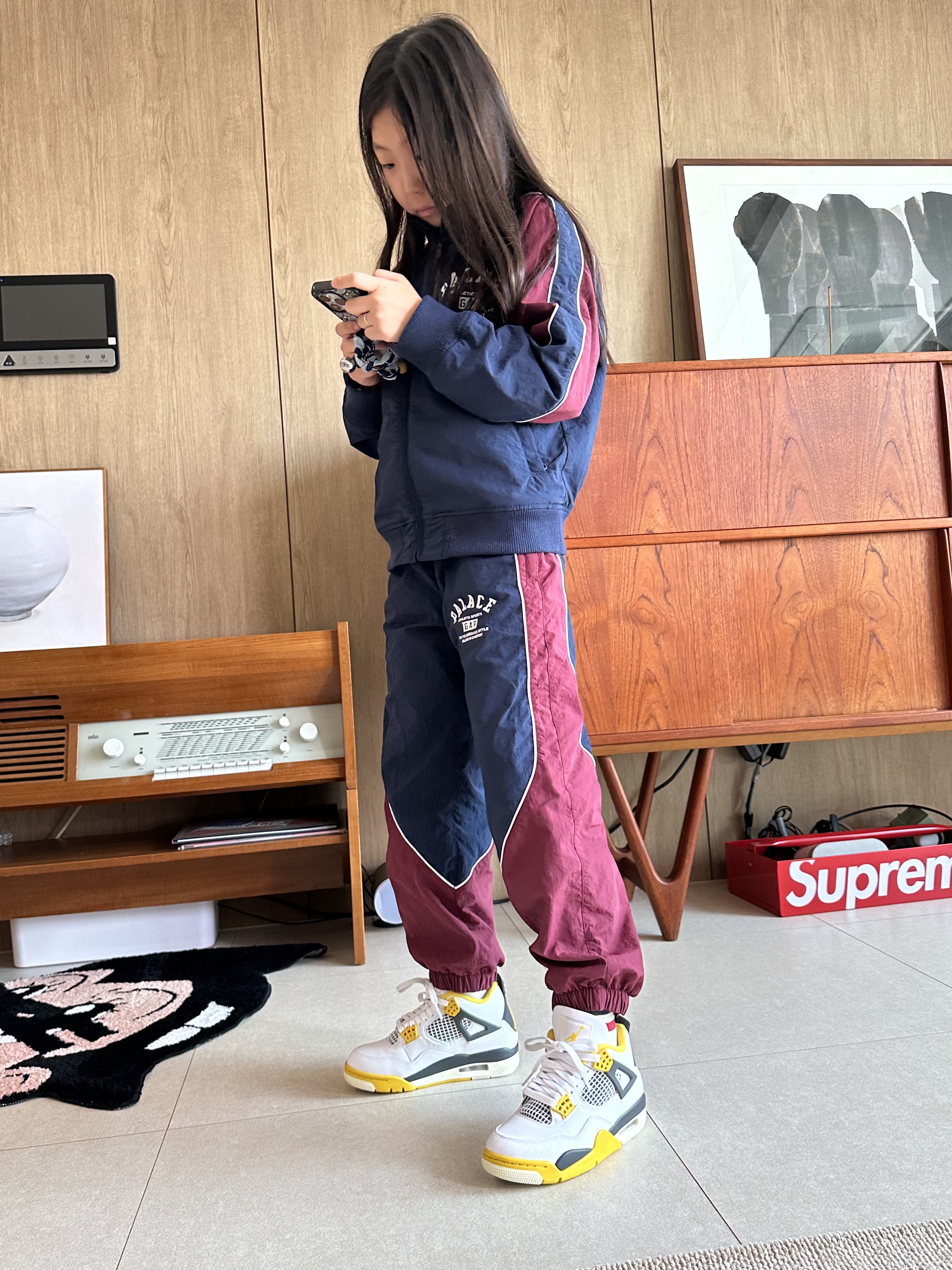 (W) Jordan 4 Retro Vivid Sulfur, (Kids) Palace x Gap Nylon Track Top Navy Red - 24SS 착용 스타일 - 1