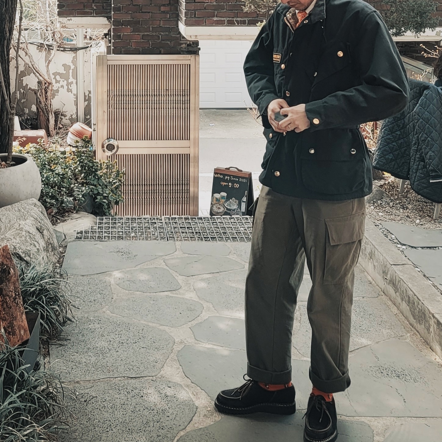 Barbour International Original Wax Jacket Black, Paraboot Michael Lisse Cafe 착용 스타일