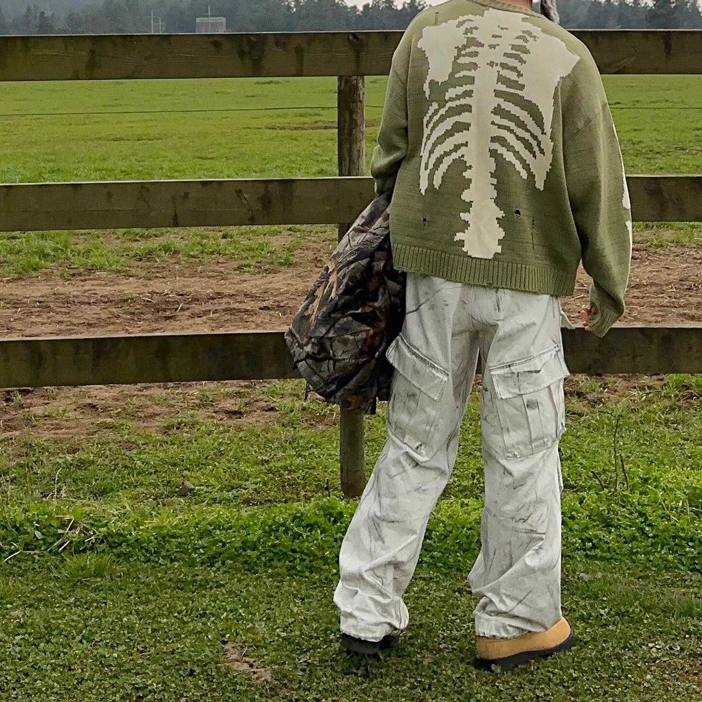 Kapital 5G Cotton Knit Bone Crewneck Sweater Khaki, Nos Couleurs 01 Cargo Pants Dirty Washing 착용 스타일 - 2
