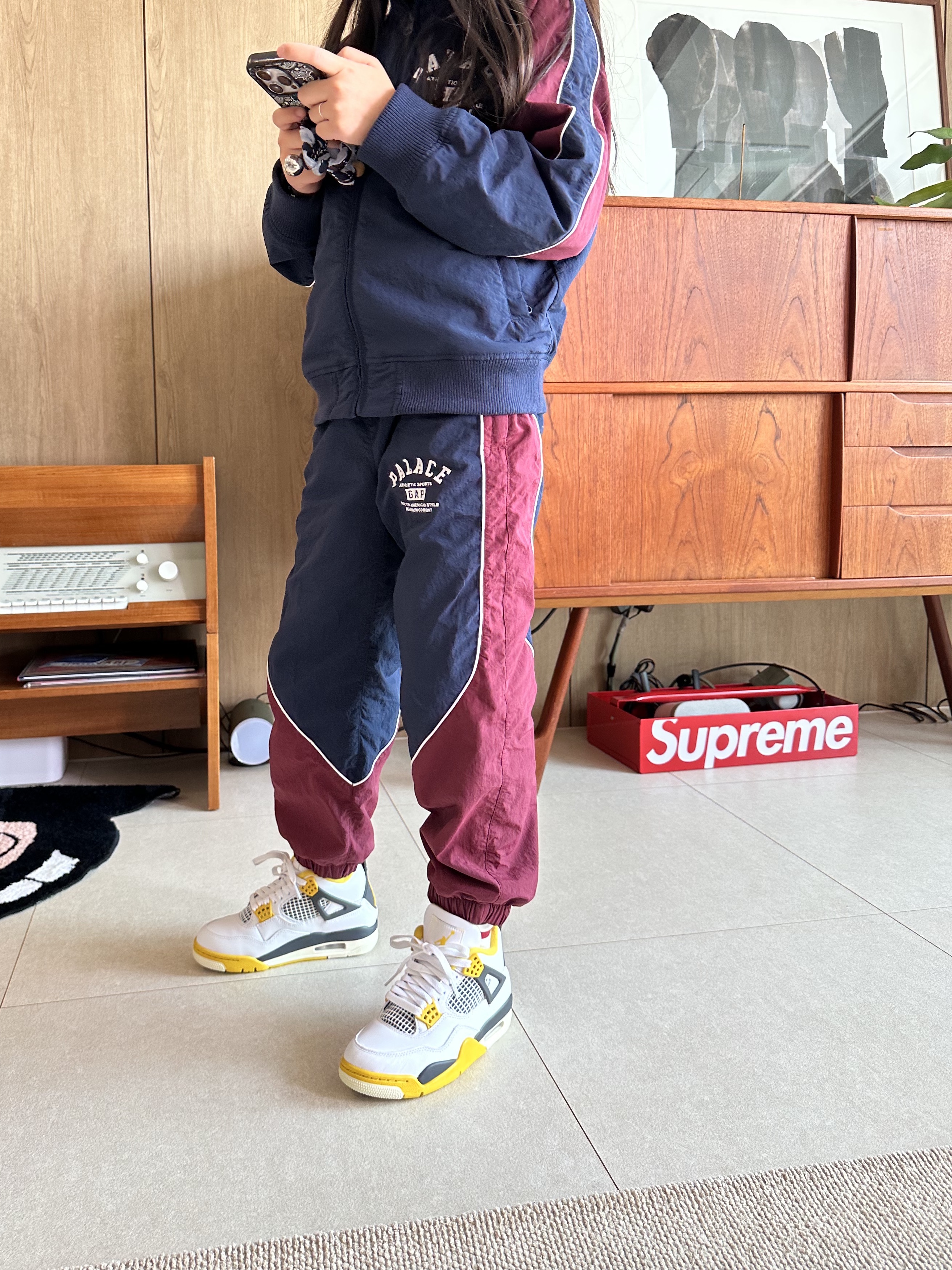 (W) Jordan 4 Retro Vivid Sulfur, (Kids) Palace x Gap Nylon Track Top Navy Red - 24SS 착용 스타일 - 2