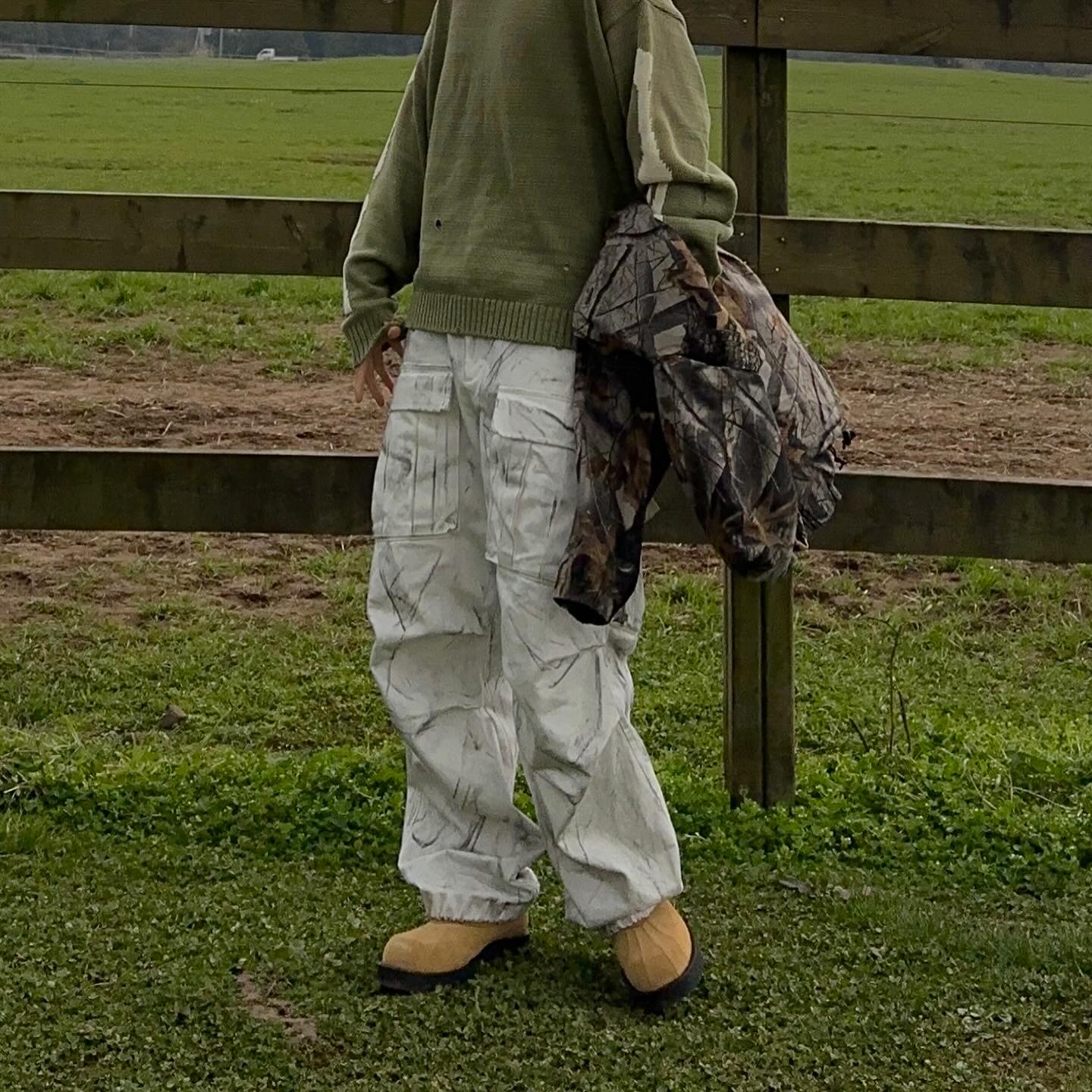 Kapital 5G Cotton Knit Bone Crewneck Sweater Khaki, Nos Couleurs 01 Cargo Pants Dirty Washing 착용 스타일 - 3