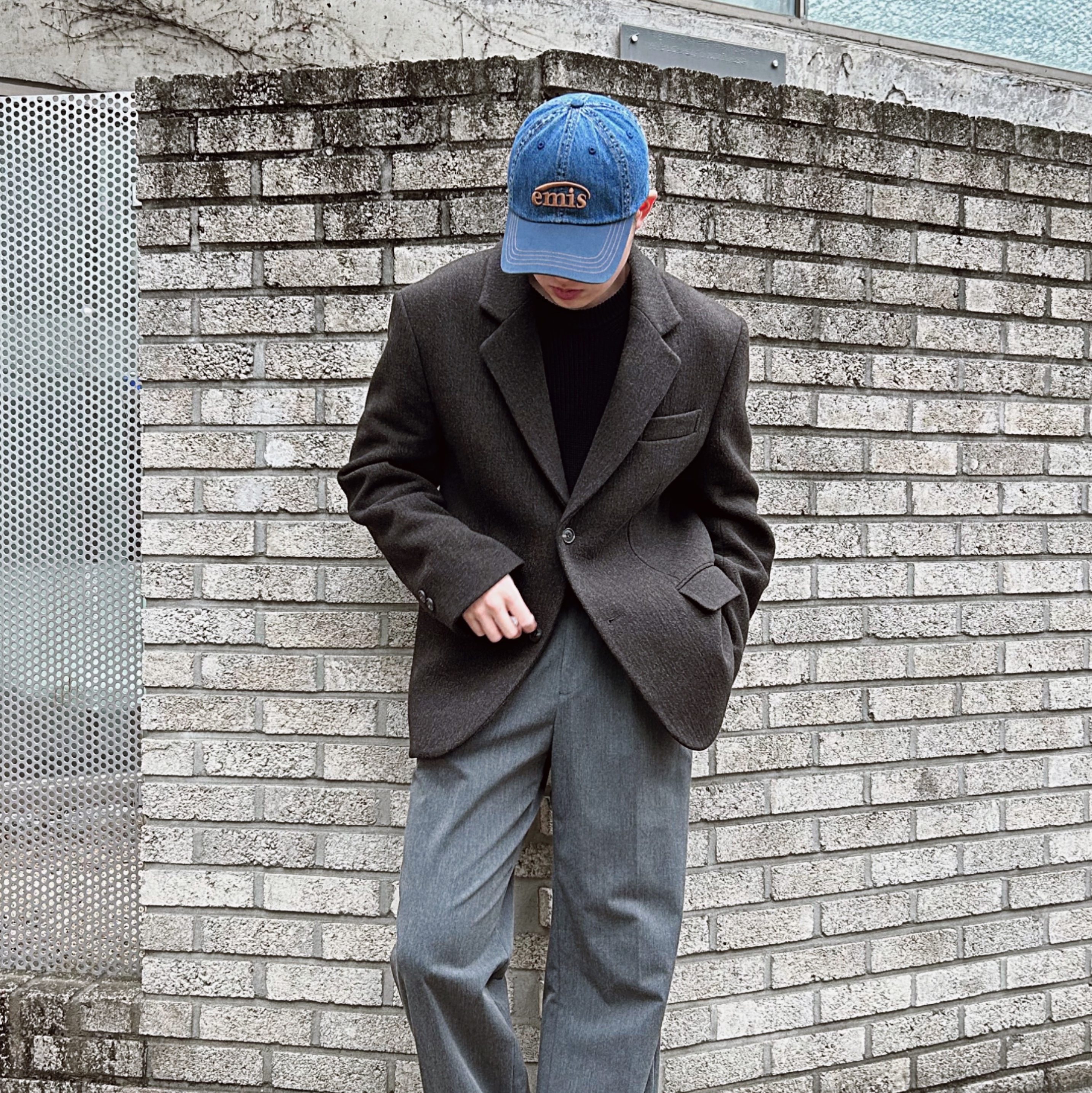 Emis Washed Denim Ball Cap Blue Navy 착용 스타일 - 3