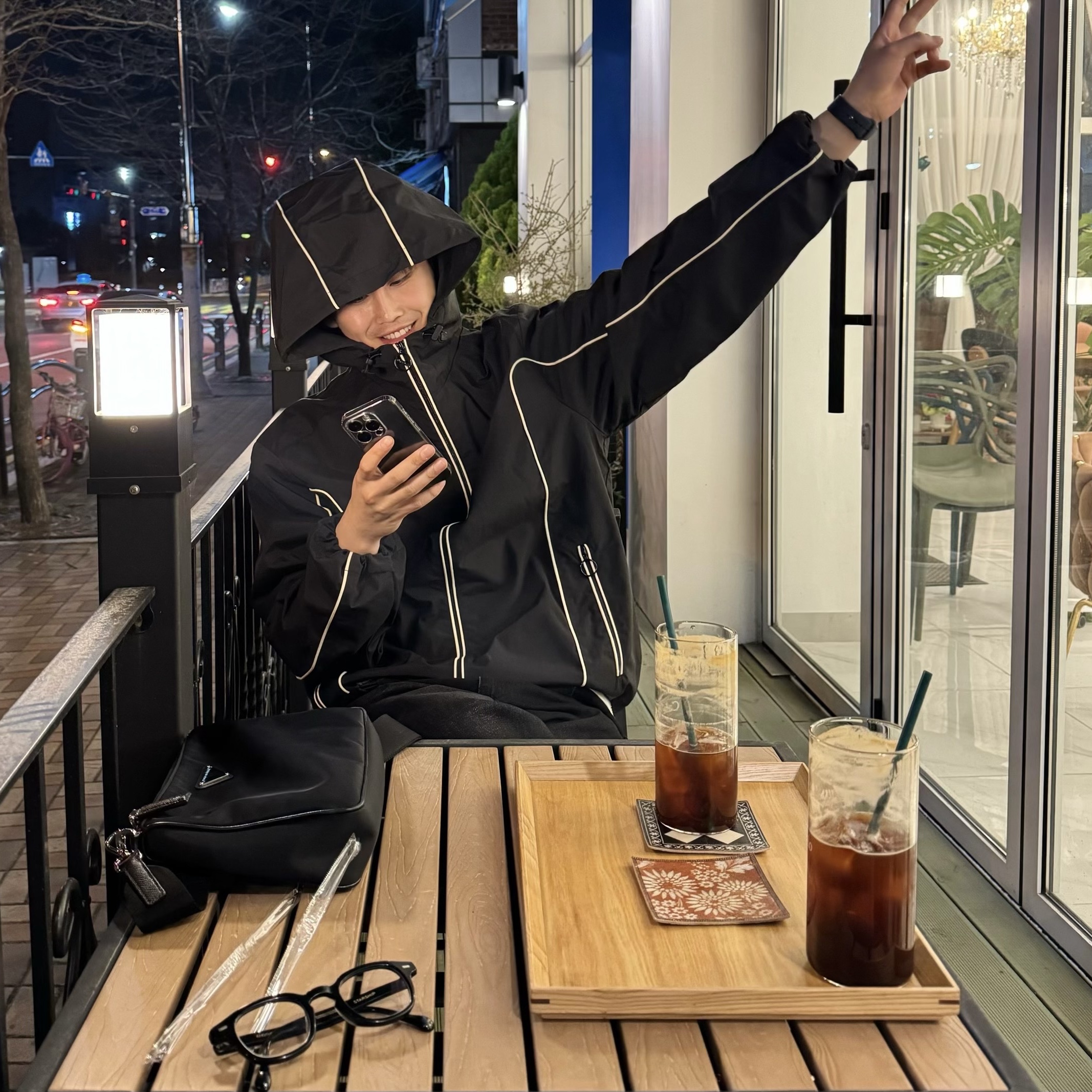 Diesel J-Hives Windbreaker with Contrast Piping Black, Prada Re-Nylon and Saffiano Leather Shoulder Bag Black 착용 스타일 - 1