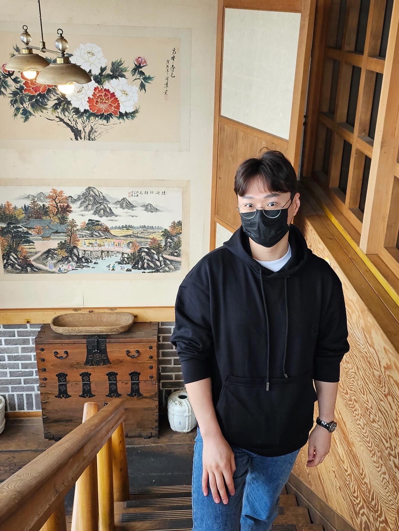 Wooyoungmi Flower Back Logo Hooded T-Shirt Black - 24SS, Wooyoungmi Tweed Blouson Jumper Navy - 23SS 착용 스타일 - 1
