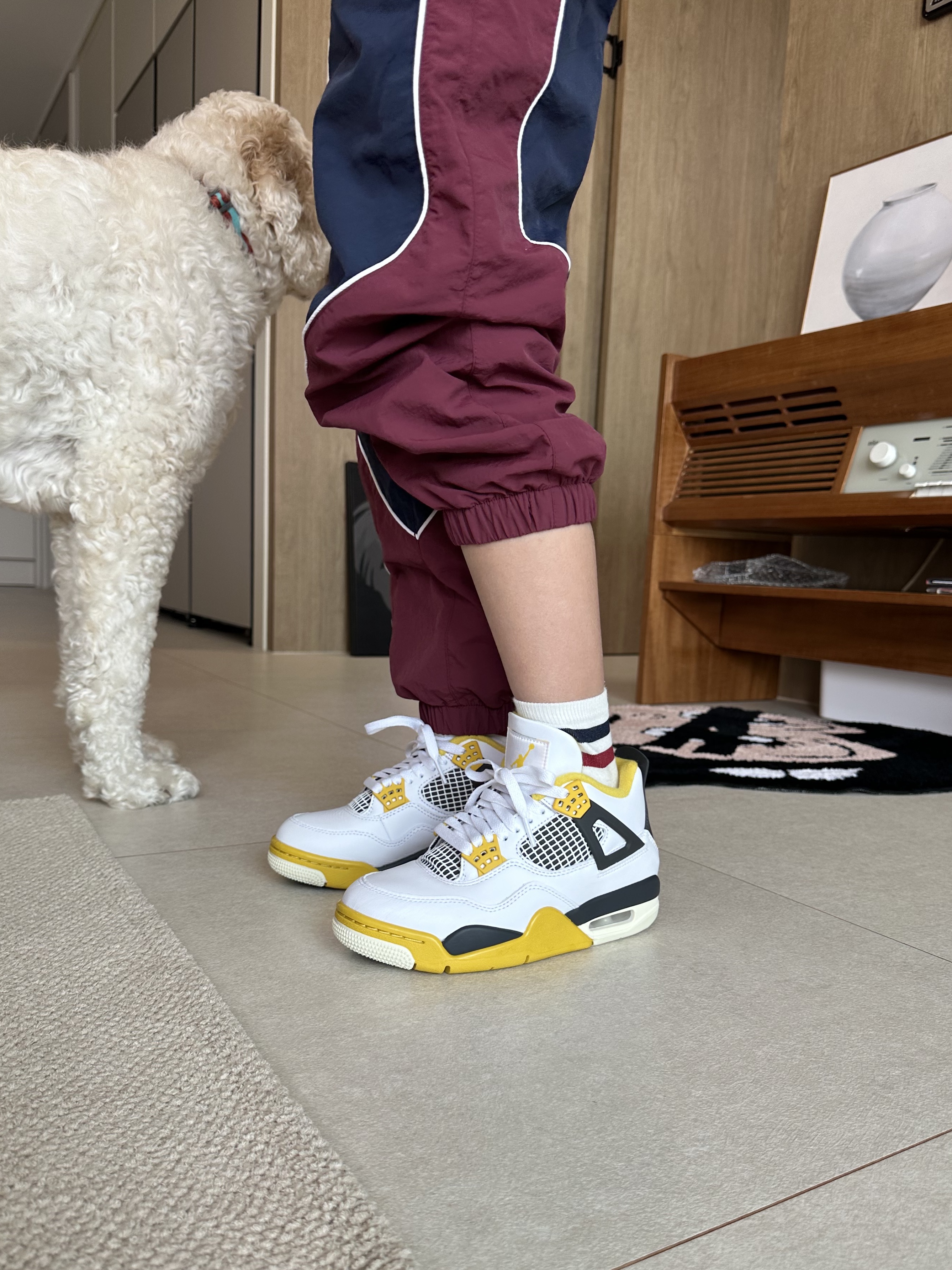 (W) Jordan 4 Retro Vivid Sulfur, (Kids) Palace x Gap Nylon Track Top Navy Red - 24SS 착용 스타일 - 8