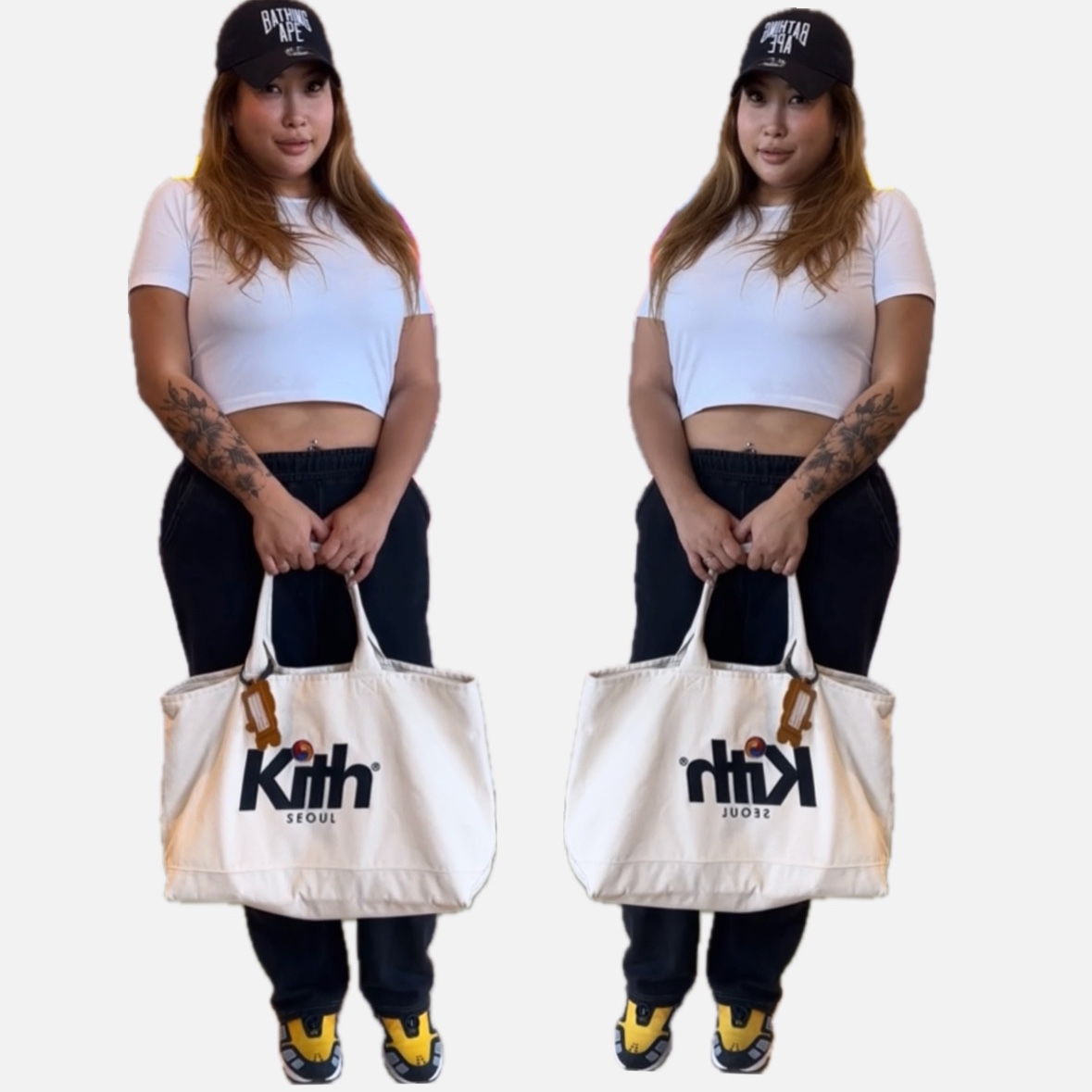 Kith Seoul Spiral Canvas Tote Bag Sandrift, (W) Nike Air Max SNDR Canyon Gold and Deep Ocean 착용 스타일