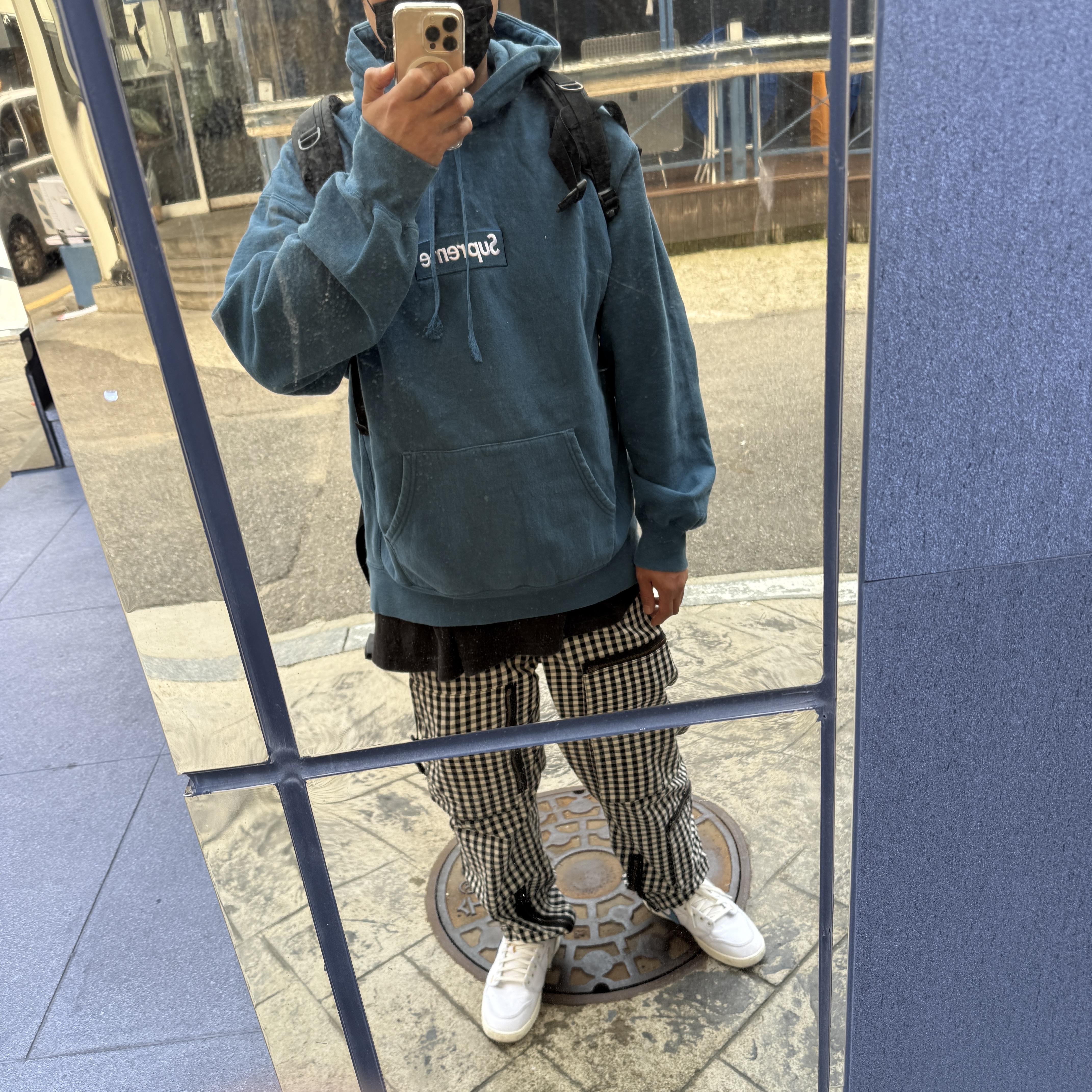Supreme Box Logo Hooded Sweatshirt Blue - 23FW, Supreme Gingham Flight Pants Black - 23SS 착용 스타일
