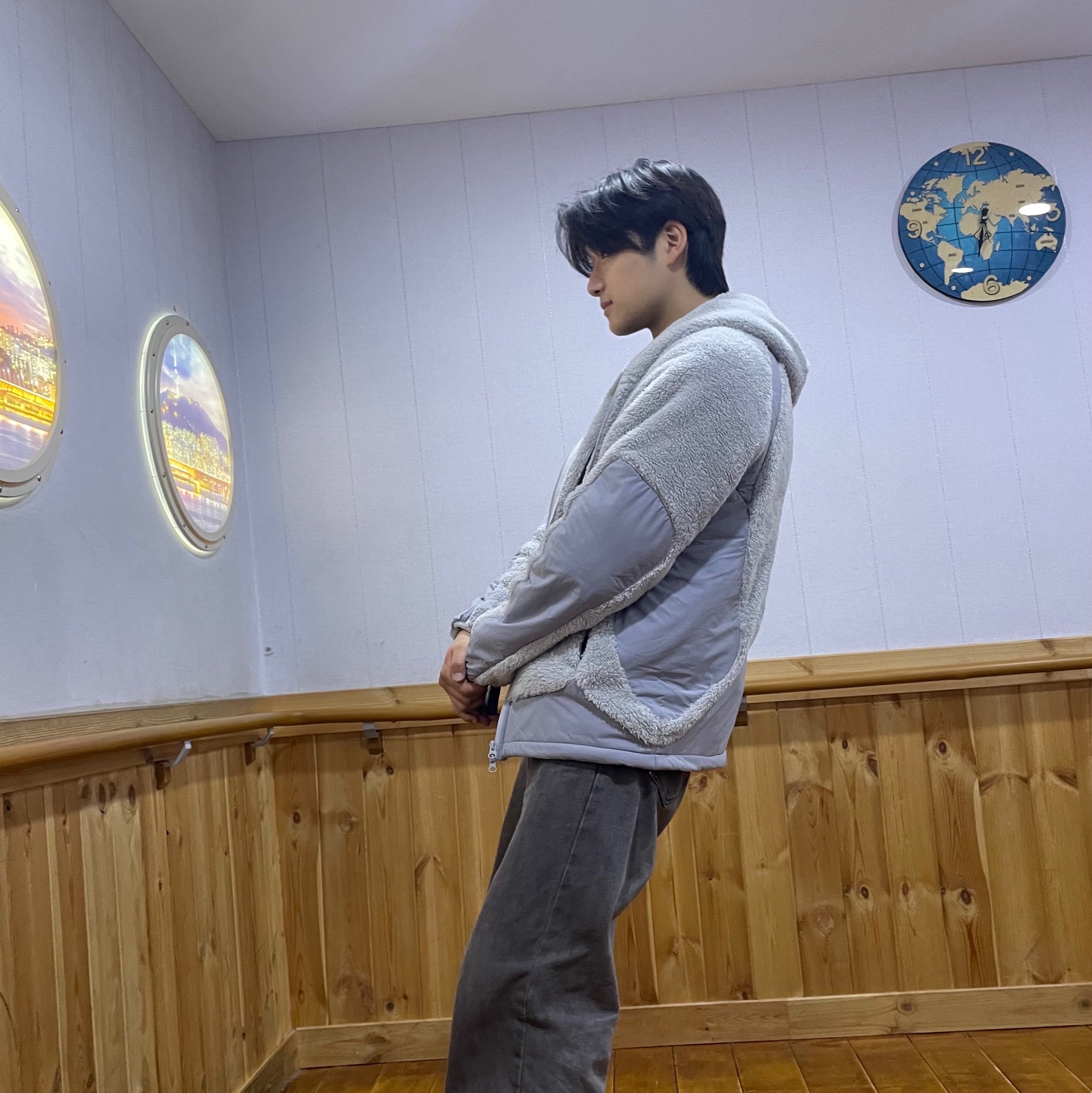 Sansan Gear Fleece Hooded Jacket Light Grey - 23FW 착용 스타일