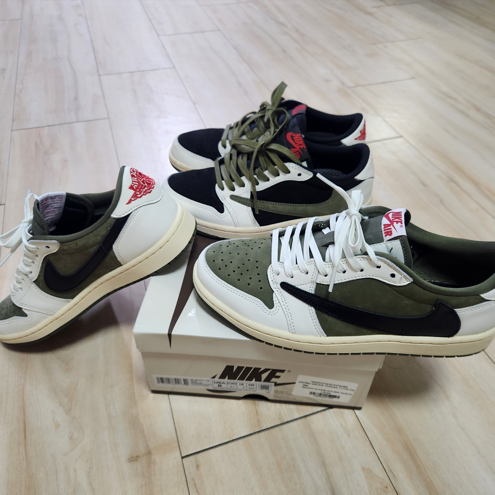 Jordan 1 x Travis Scott Retro Low OG SP Reverse Olive, (W) Jordan 1 x Travis Scott Retro Low OG SP Medium Olive 착용 스타일
